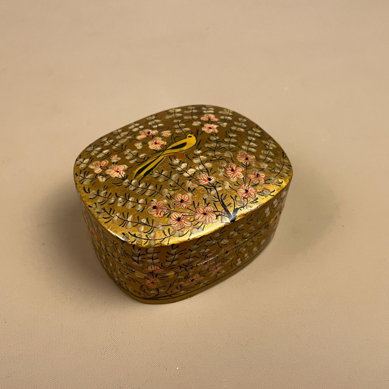 Kashmiri Style Papier Mache Box Hand Painted Floral Bird Trinket Decorative Box Dressing Table Decor Rings Trinket Lidded Pot Lacquered