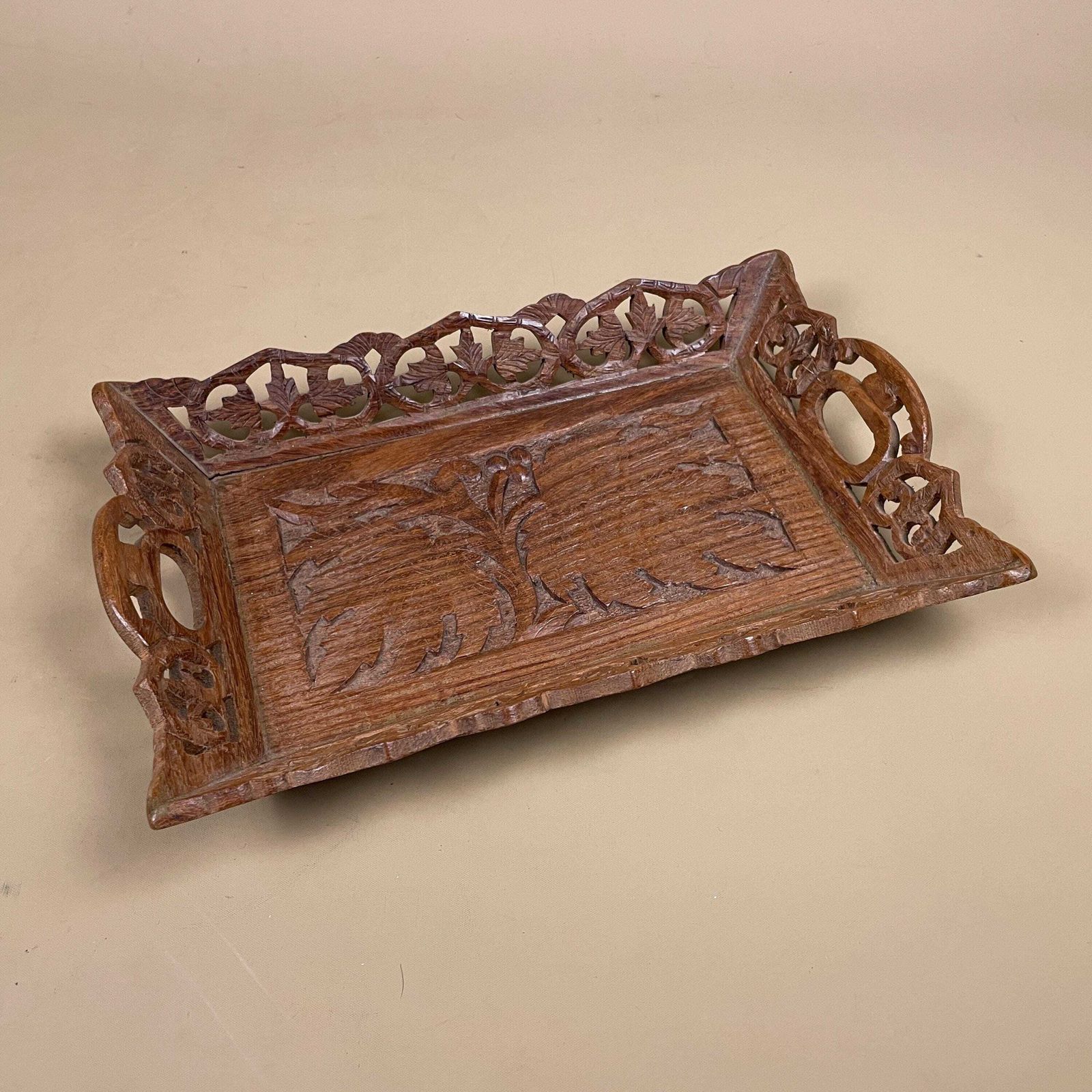 Carved Wood Serving Tray Small Rectangle Decorative Handcrafted Leaf Detail Pattern Traditional Display photo furniture