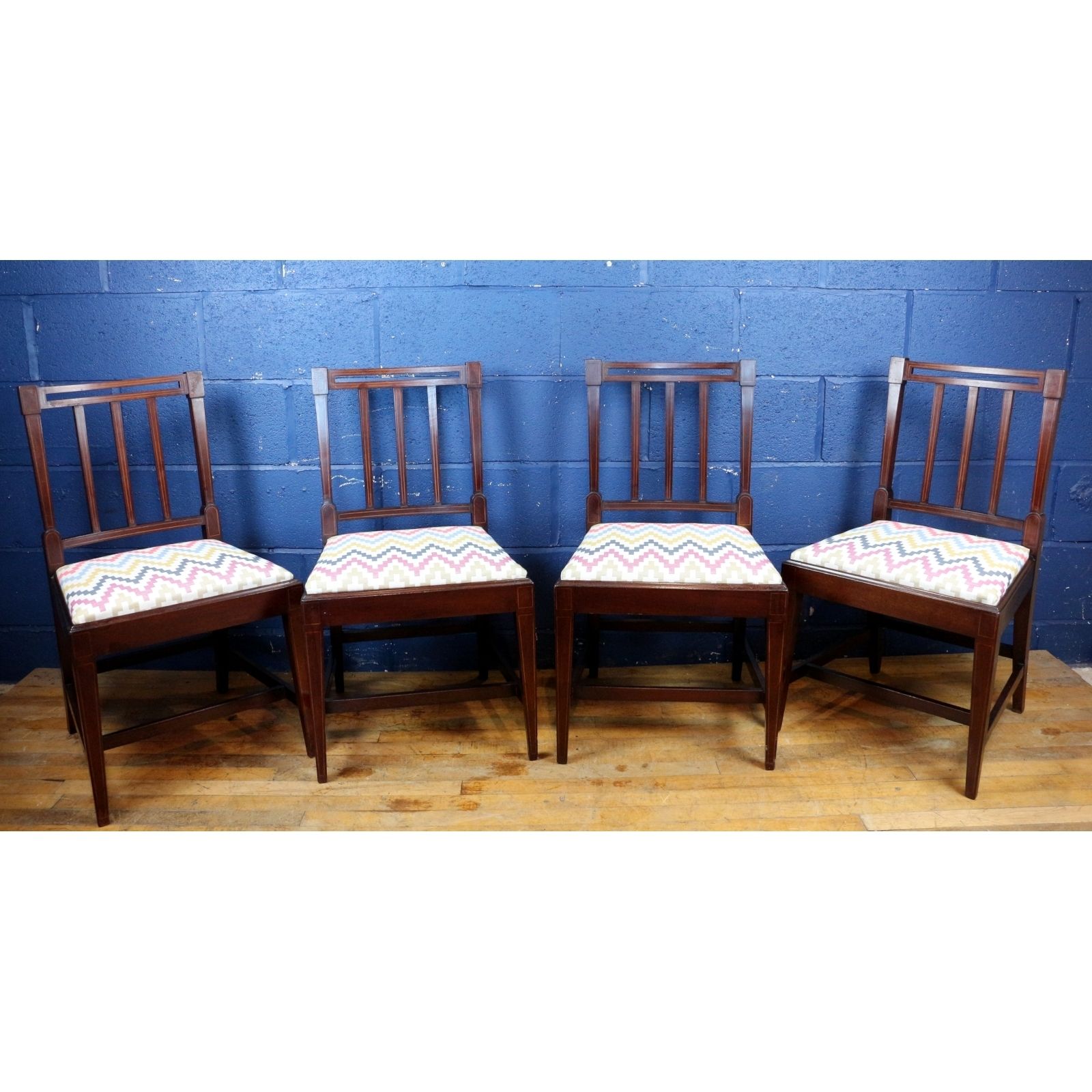 A Set Of Four Edwardian Inlaid Mahogany Slat Back Dining Chairs Freshly Reupholstered