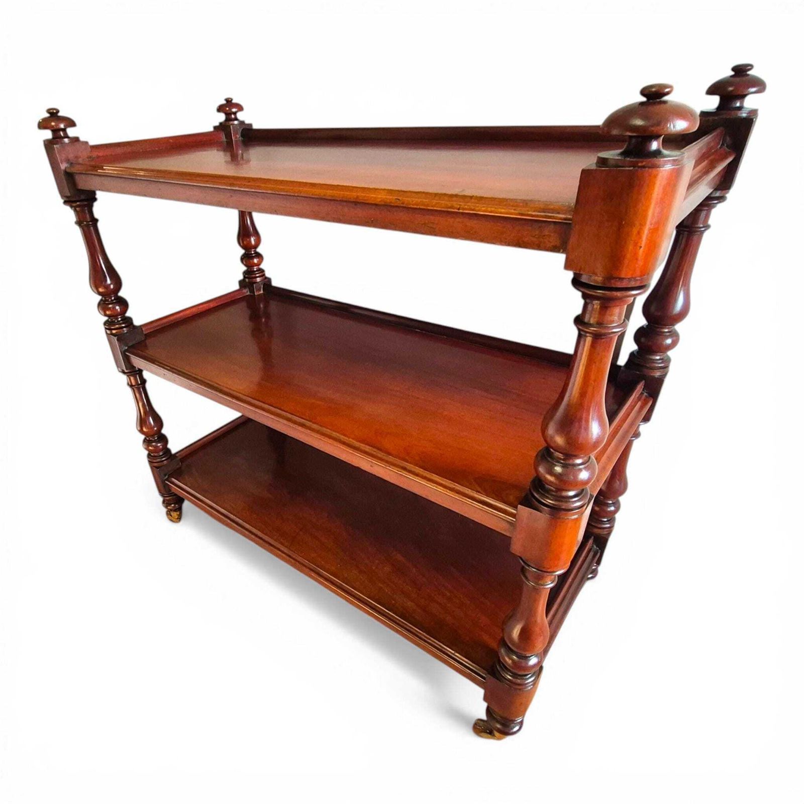 Antique Victorian Mahogany Dumb Waiter C1860 3 Tier Server Trolley Buffet Brass Porcelain Castors photo for sale