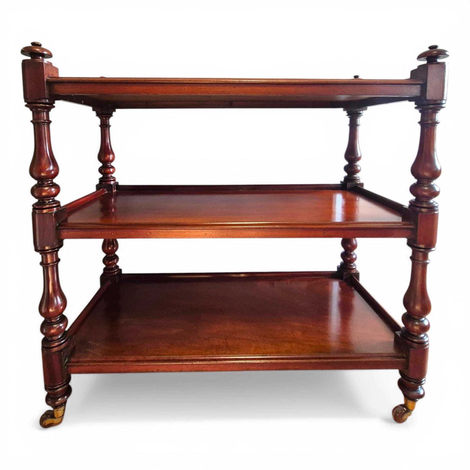 Antique Victorian Mahogany Dumb Waiter C1860 3 Tier Server Trolley Buffet Brass Porcelain Castors photo vintage