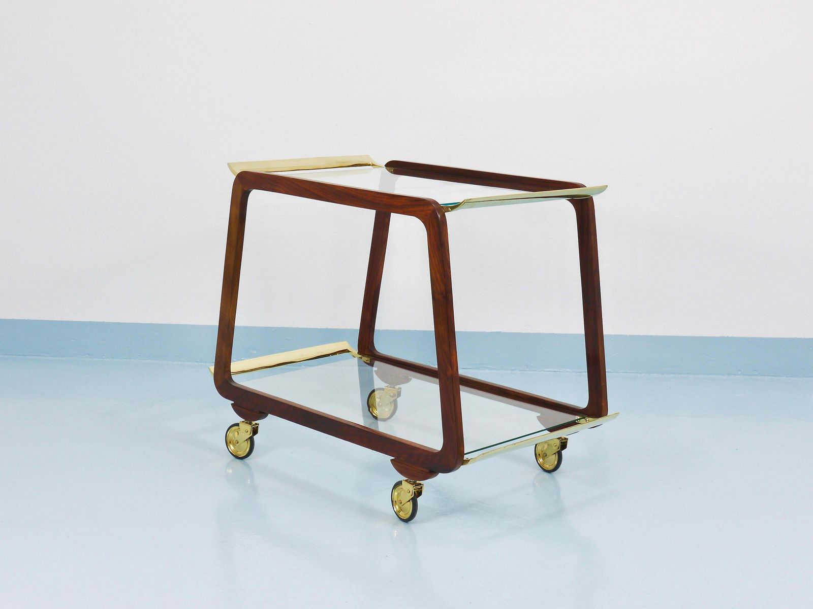 Mid Century Walnut Brass Bar Cart Serving Trolley, 1950s, Oswald Haerdtl Attr. photo for sale