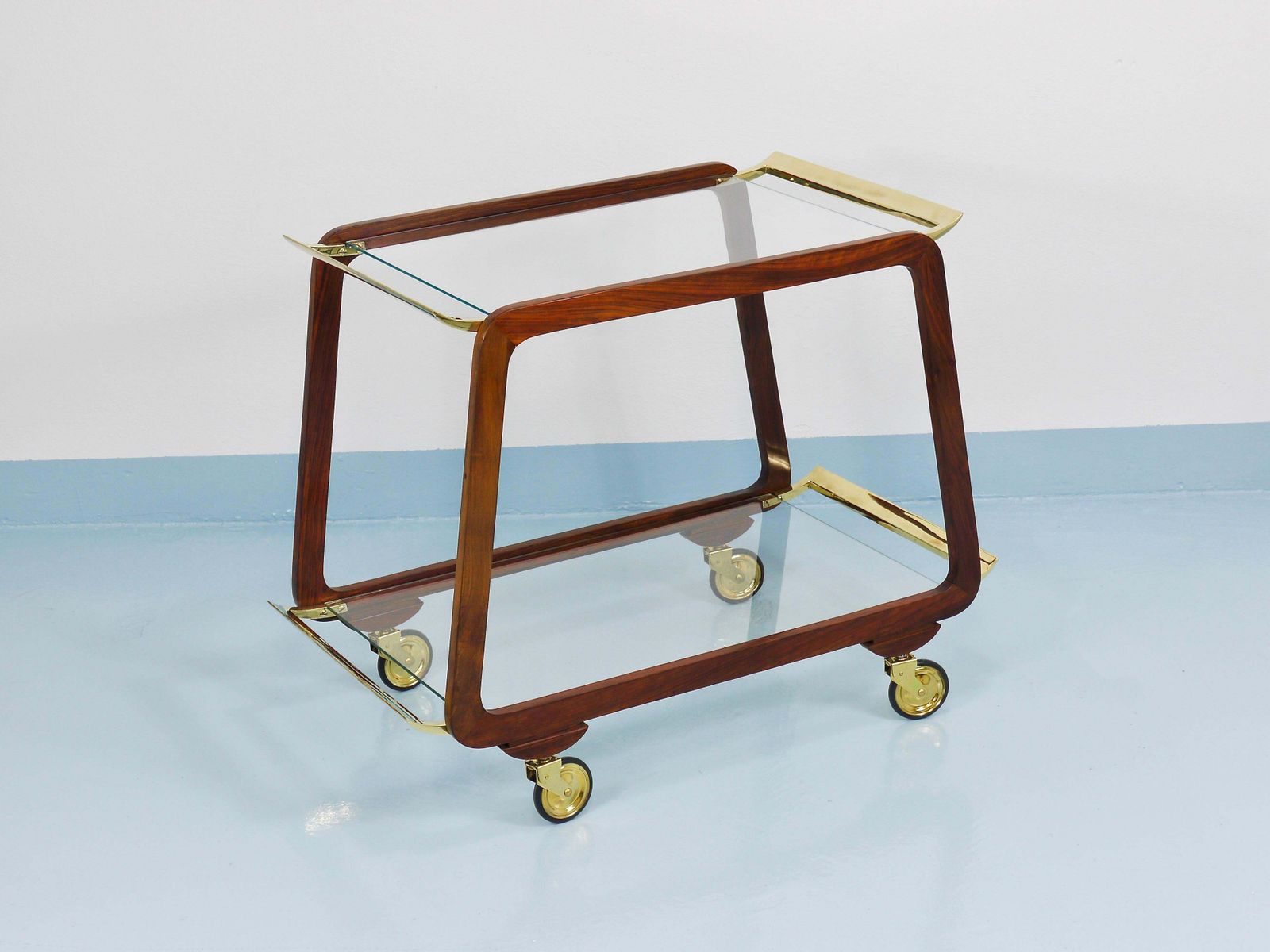photo buy Mid Century Walnut Brass Bar Cart Serving Trolley, 1950s, Oswald Haerdtl Attr.