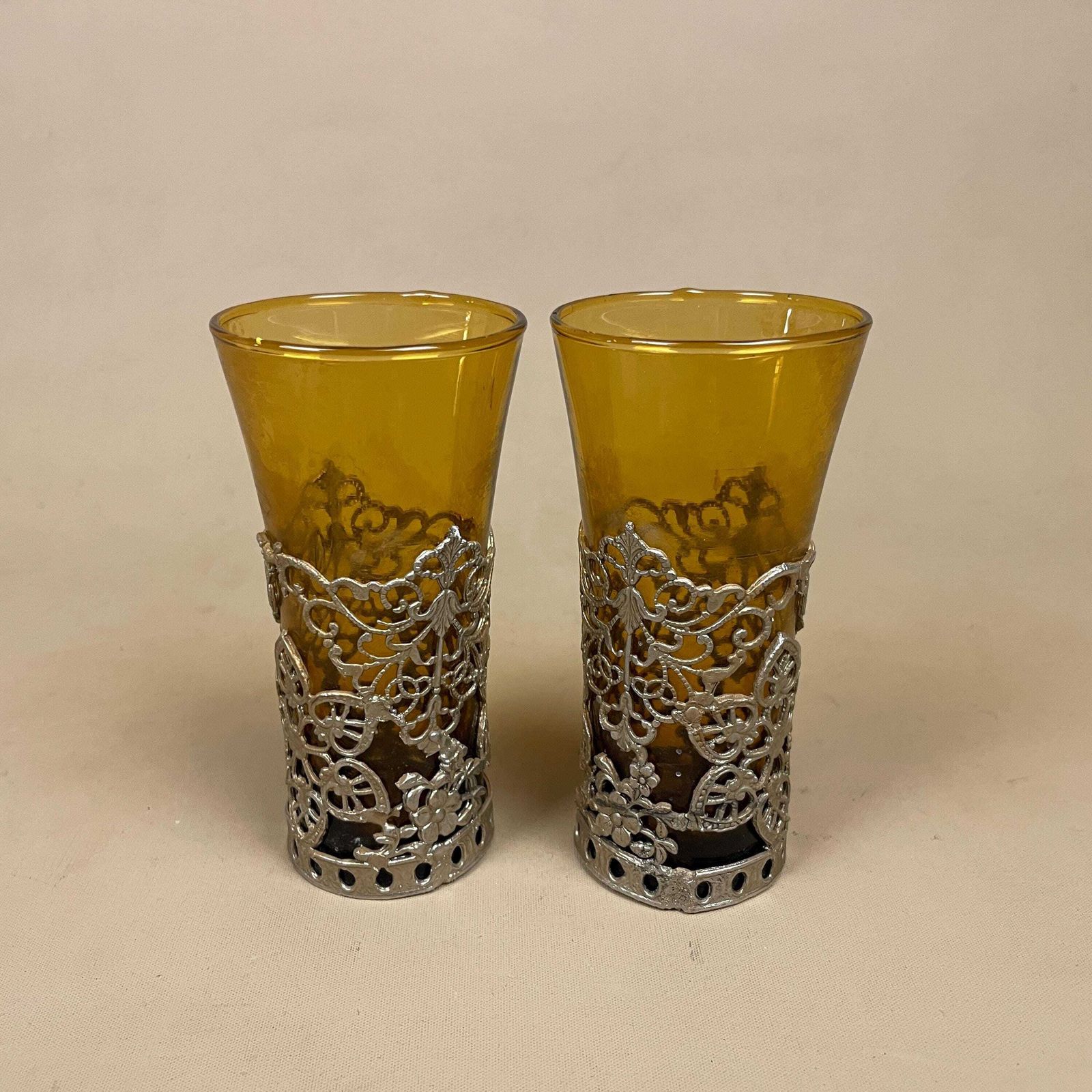 Amber Glass Decanter Metal Filigree Pattern Pair Ornate Votive Holders Orange Shot Glass photo for sale
