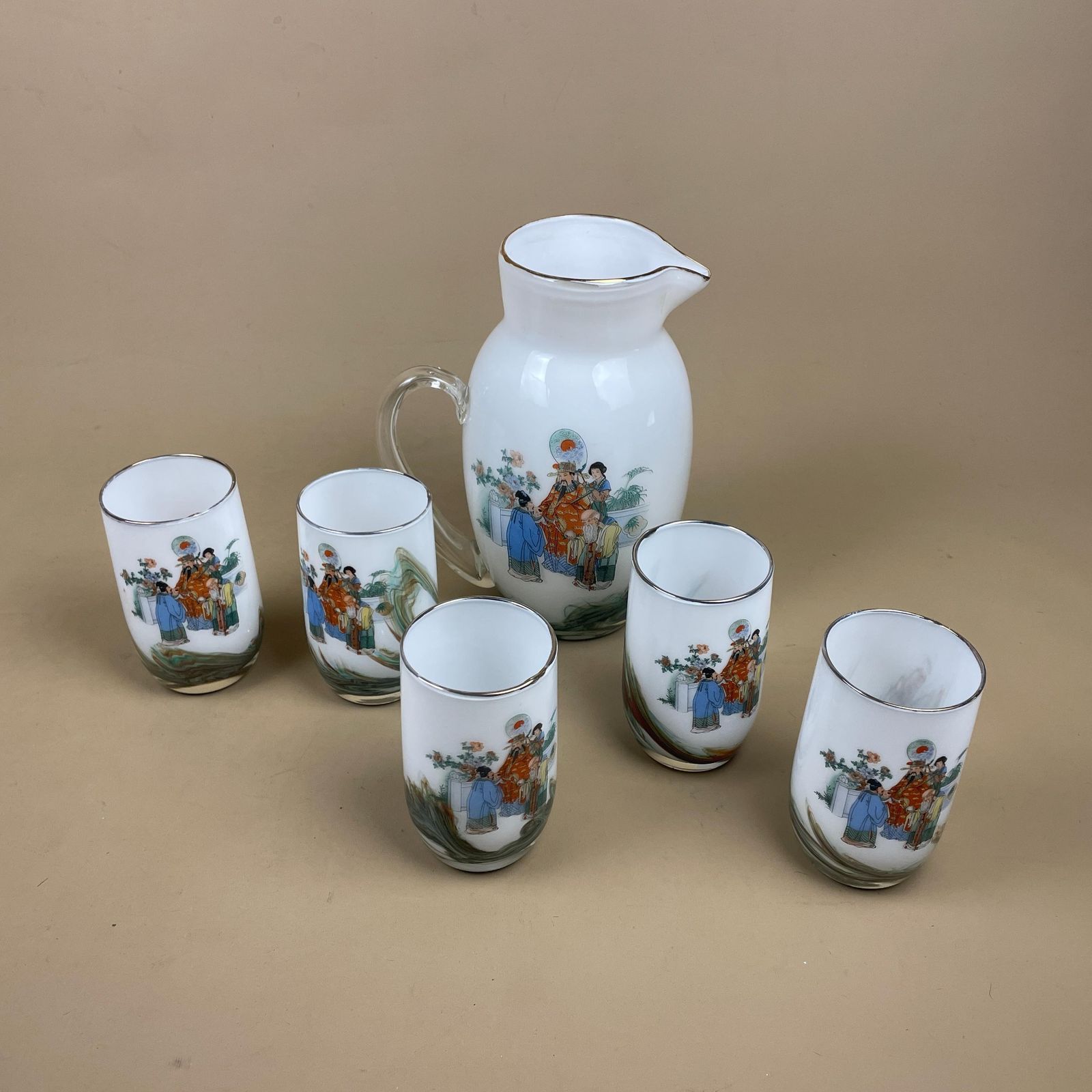 Dalian Snowflake White Transfer Pitcher Jug And Tumblers Figurative Oriental Chinese 5 Glasses & 1 Jug Drinkware Glass