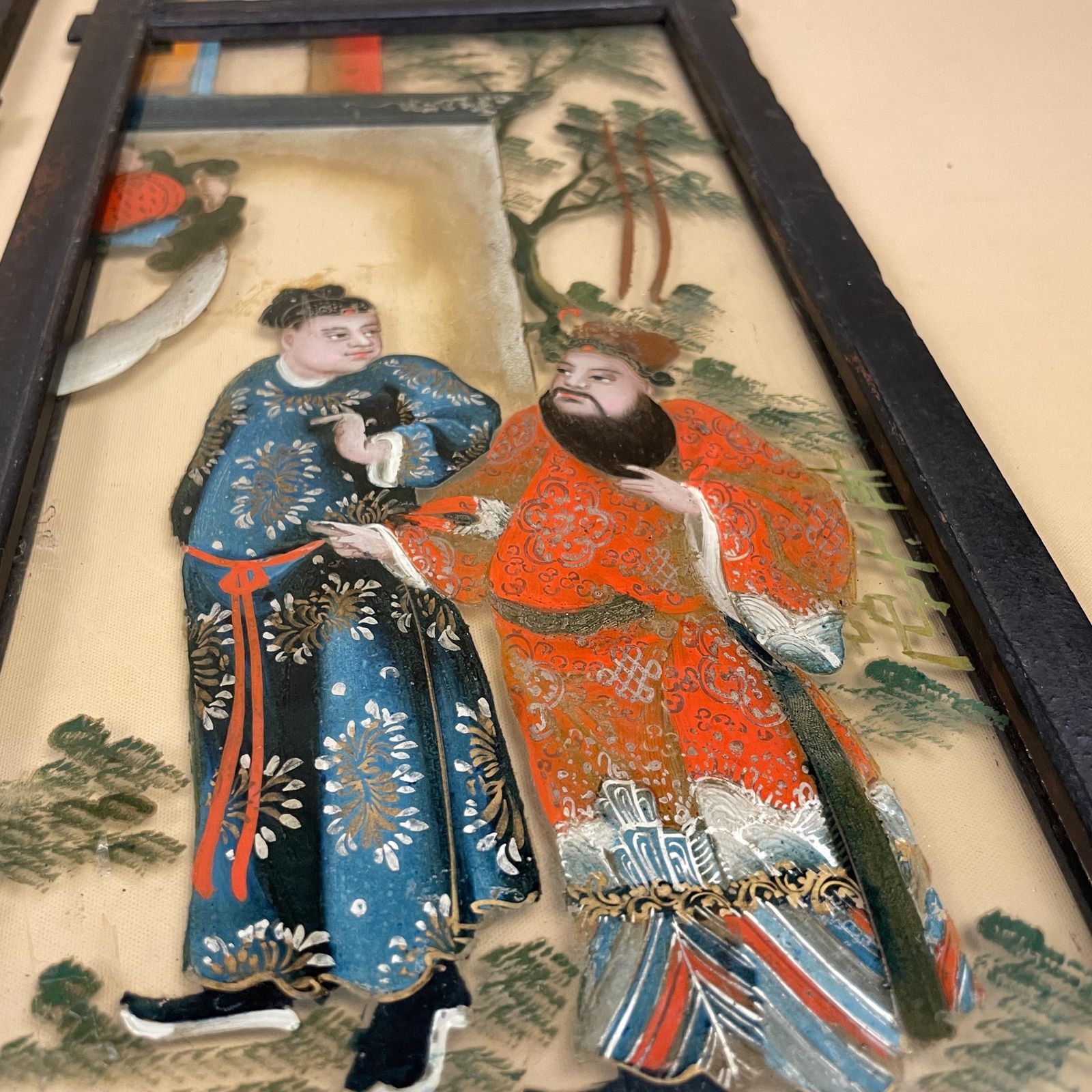 Oriental Reverse Glass Painting Panels Black Wood Frame Chinese Hand Painted Figurative Asian Wall Art Chinoiserie Artwork Pictures Picture photo for sale