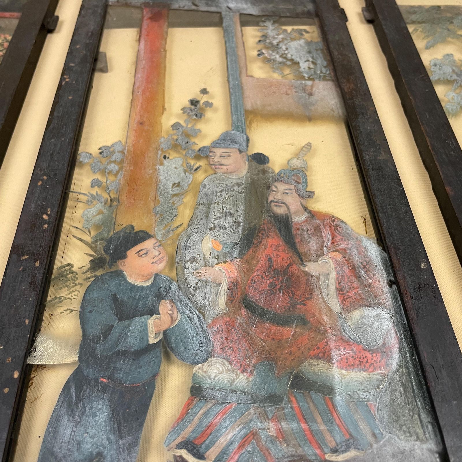 Oriental Reverse Glass Painting Panels Black Wood Frame Chinese Hand Painted Figurative Asian Wall Art Chinoiserie Artwork Pictures Picture photo vintage