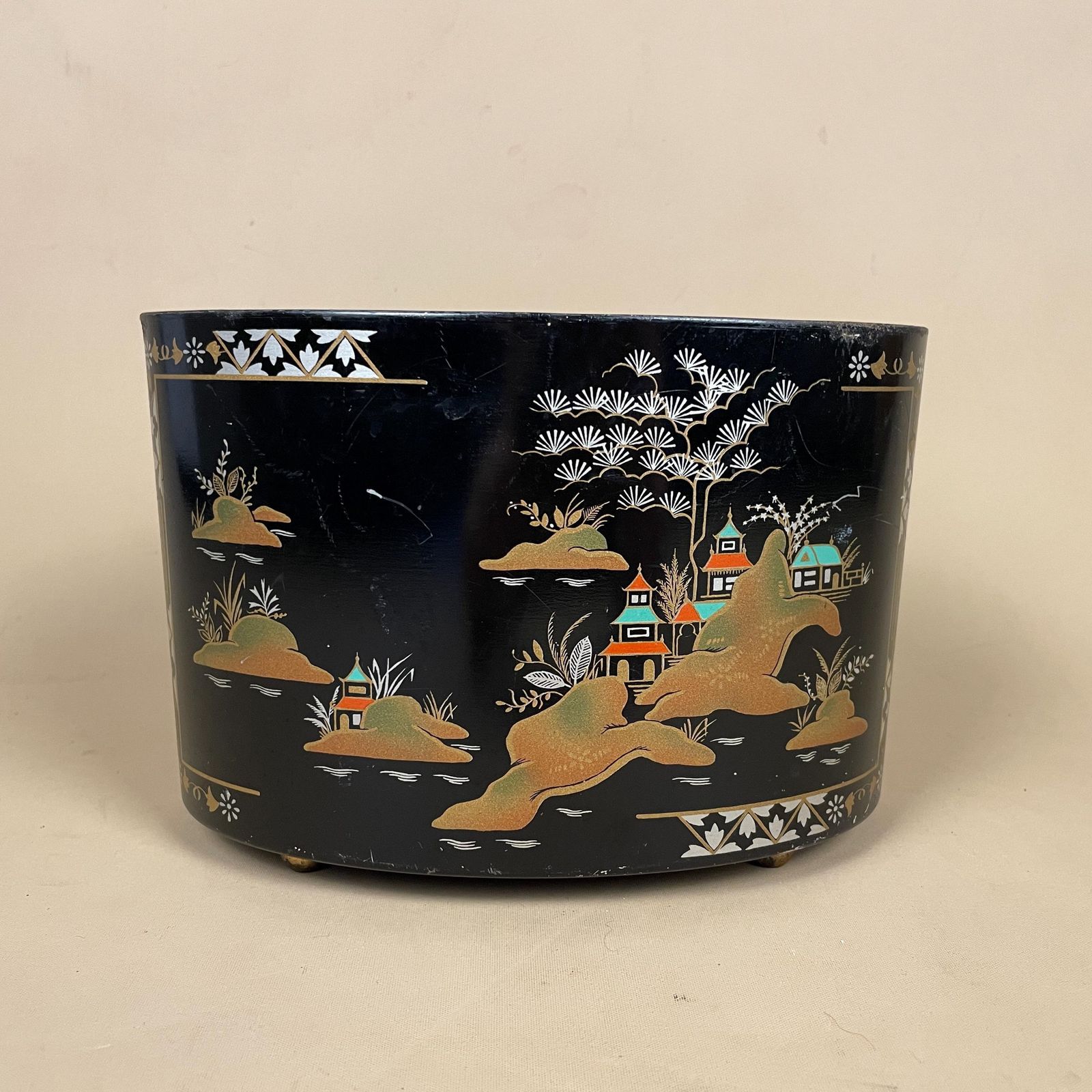 Oriental Style Black Tin Planter Oval Footed Chinoiserie Landscape Scene Decorative Container Made In Britain photo for sale