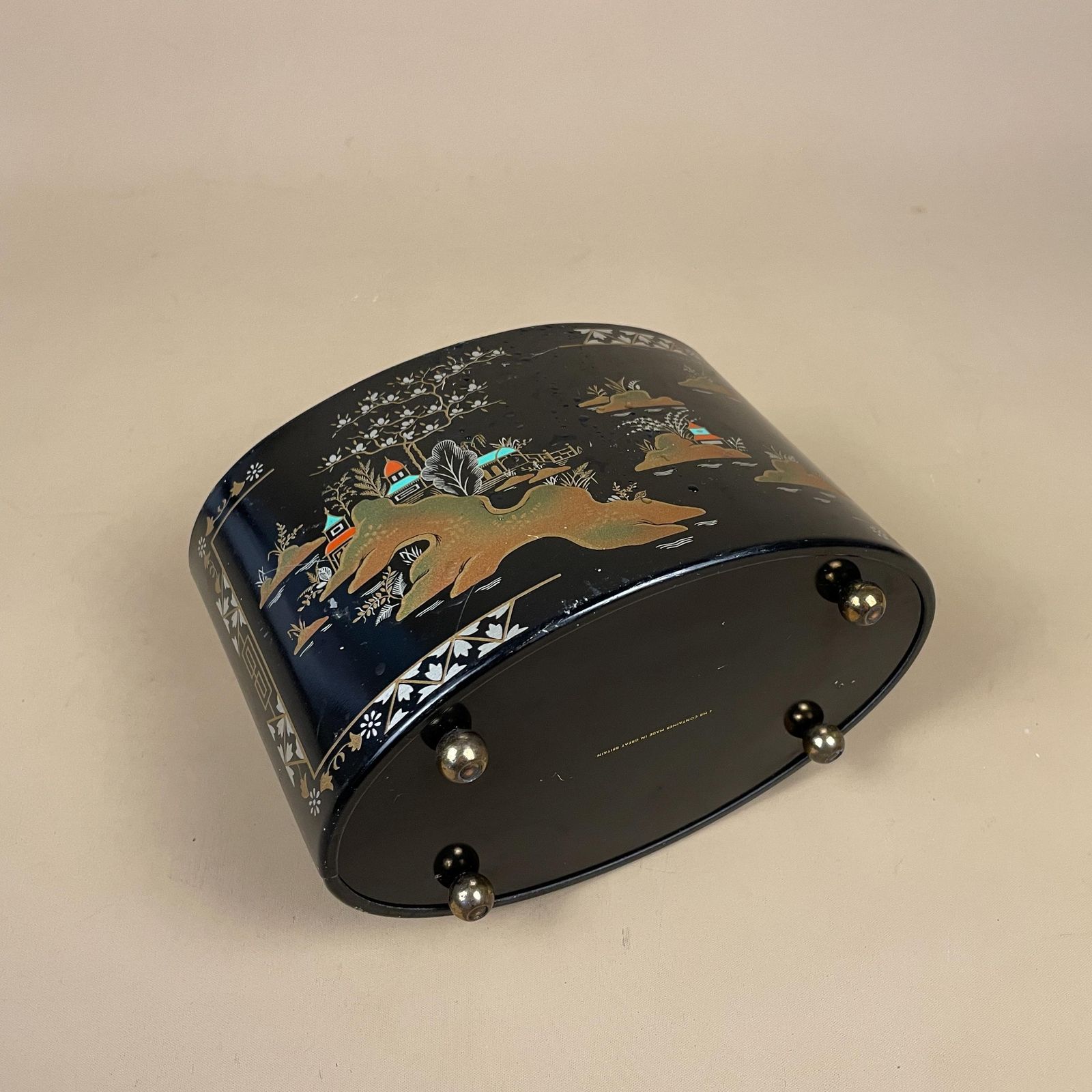 Oriental Style Black Tin Planter Oval Footed Chinoiserie Landscape Scene Decorative Container Made In Britain photo vinterior