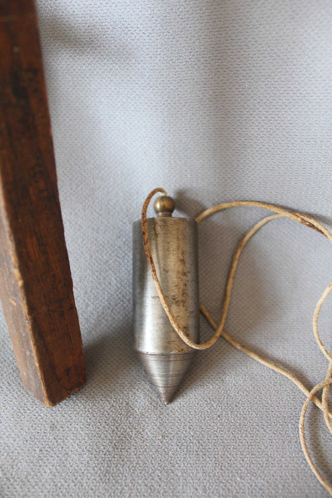 Set Of Four Antique Wood Tools, Surveyor Coiled Steel Tape Measure With Brass, A Scribe Marking Gauge, Square With Inlay, Metal Plumb Bob, photo 132.0
