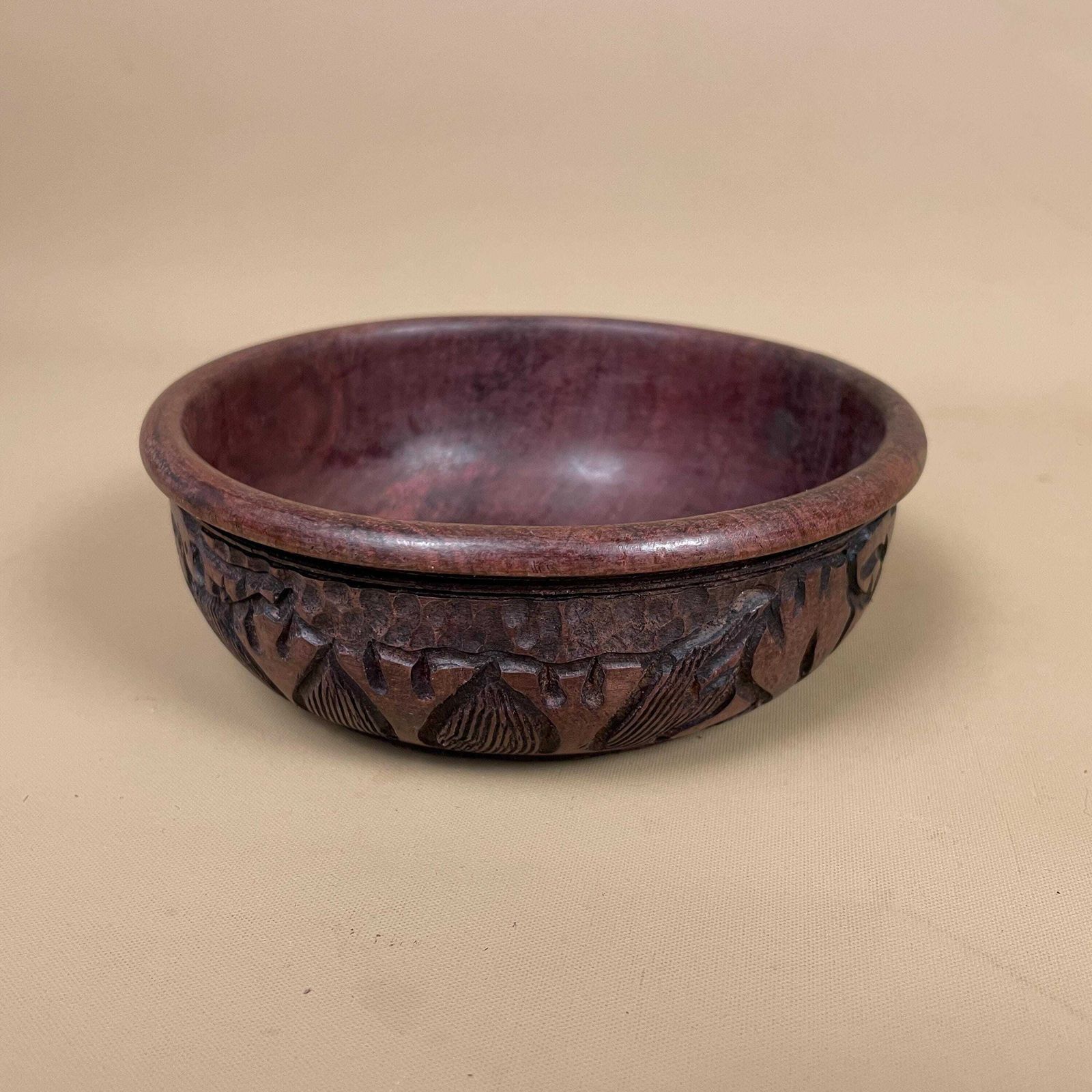 Vintage Hand Carved Wooden Bowl Decorative Elephant Motif African Round Rustic Farmhouse Cottage Wood Tableware Low Profile Rim