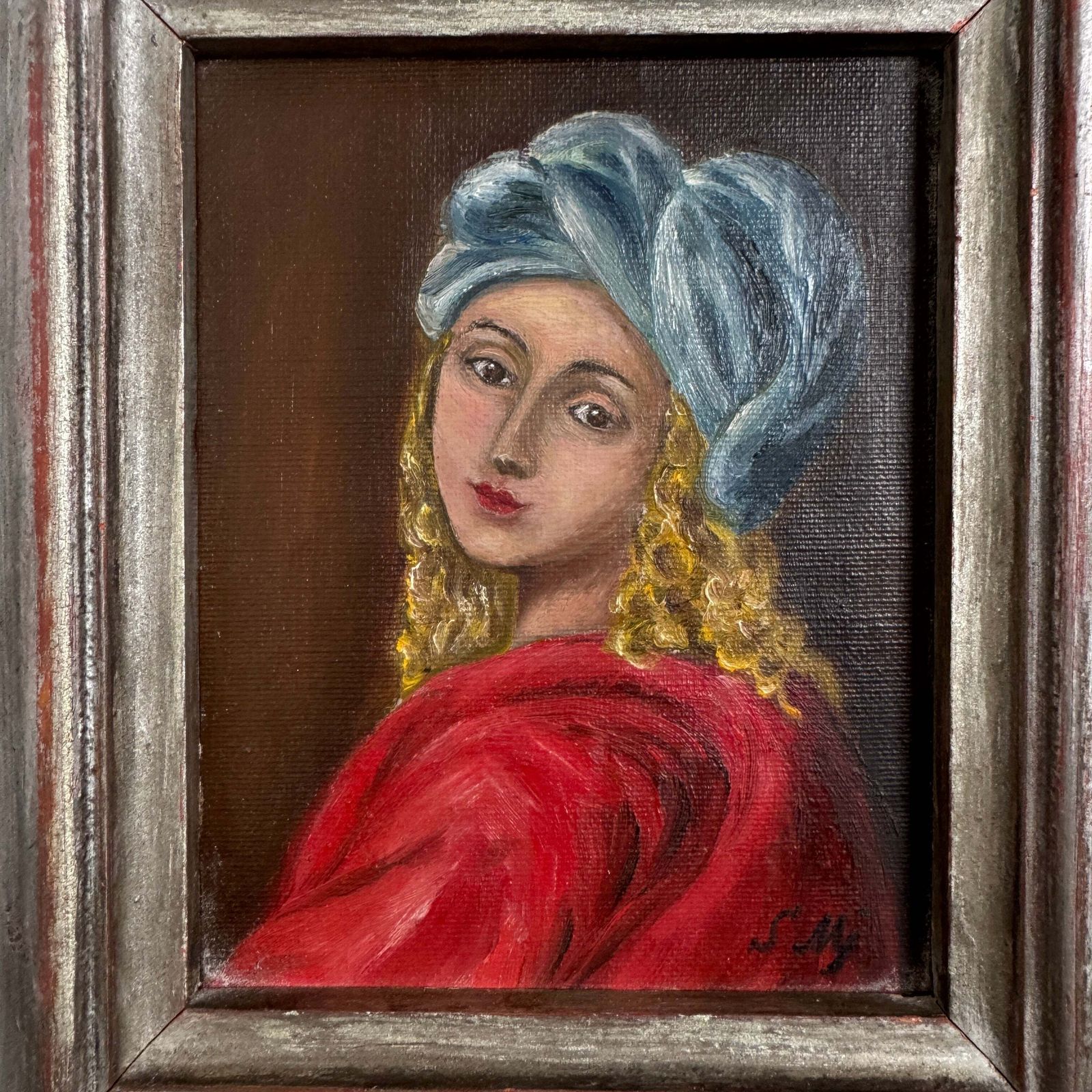 The Turning Gaze. Antique Oil Portrait Painting. photo furniture