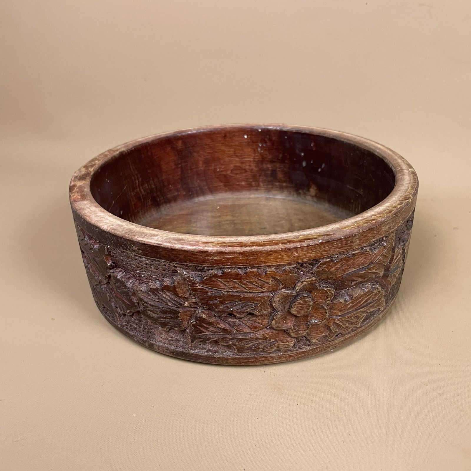 Vintage Hand Carved Wooden Bowl Decorative Floral Leaf Motif Rustic Display Tub Farmhouse Cottage Tableware Wood Handmade Round photo for sale