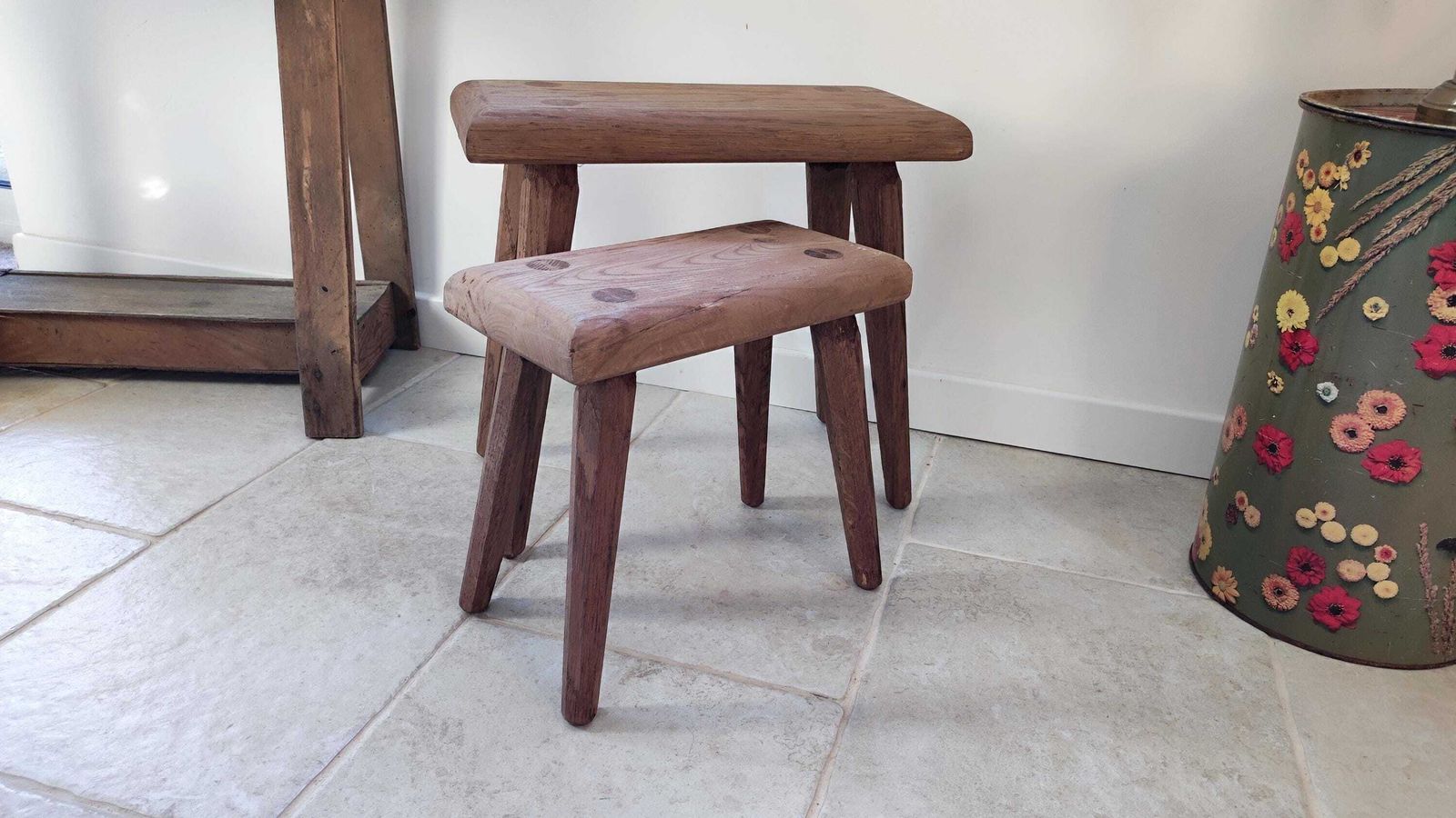 French Primitive Wooden Stool Set Of 2 In Brutalist Design