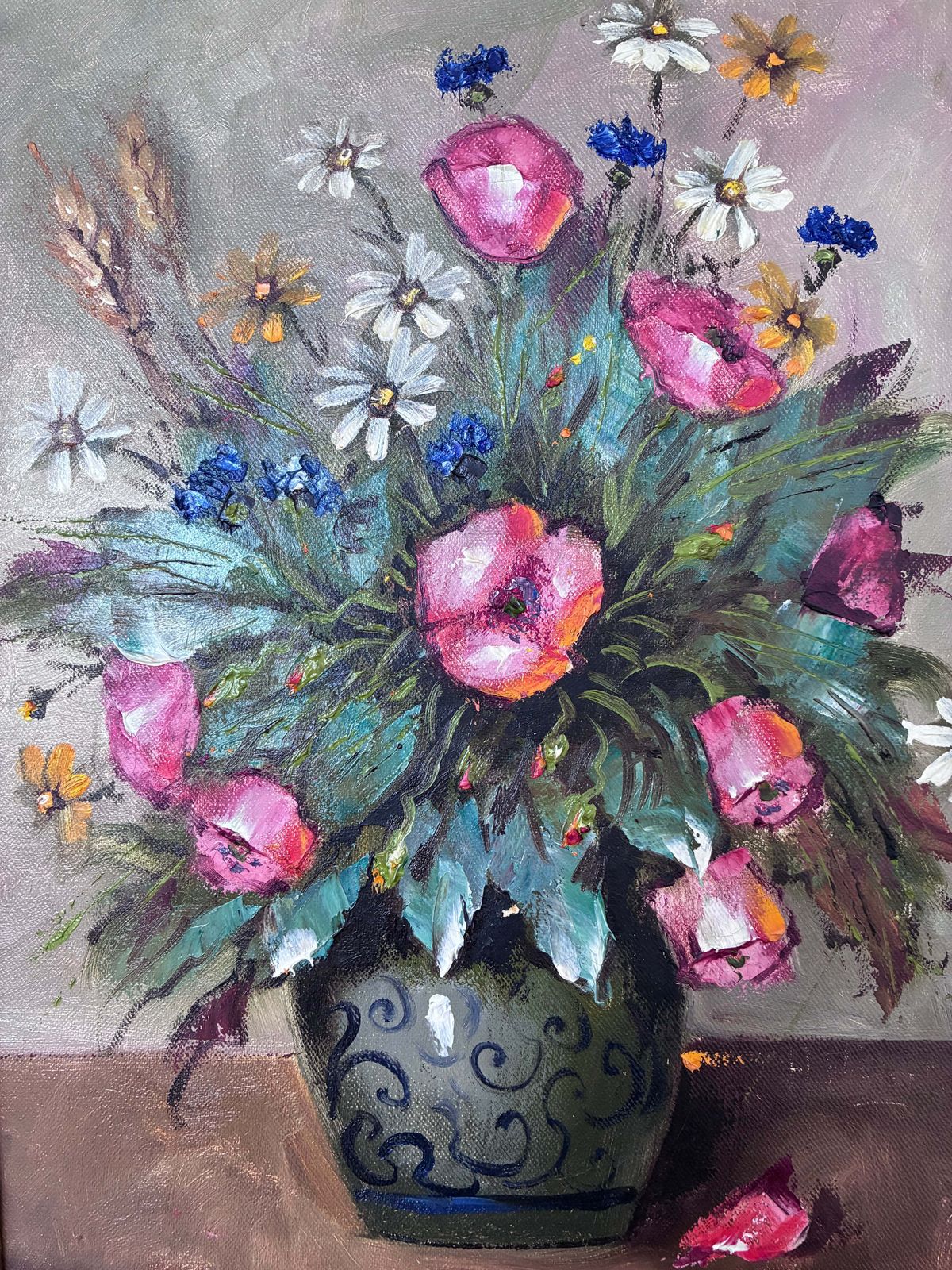 Vintage Original Flower Still Life Oil Painting, Circa 1960 photo furniture