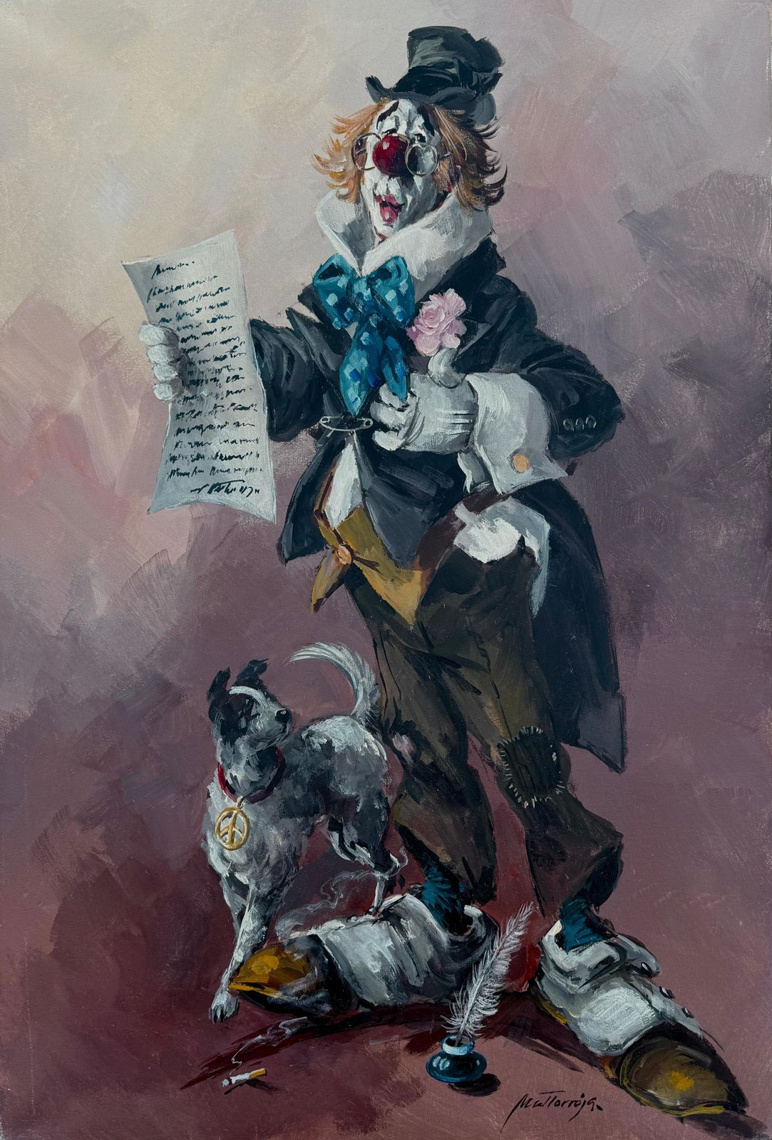 Antoni Mut Torroja Expressionist Clown With Dog Oil Painting 1978, Surreal Figurative Modern Art 1978