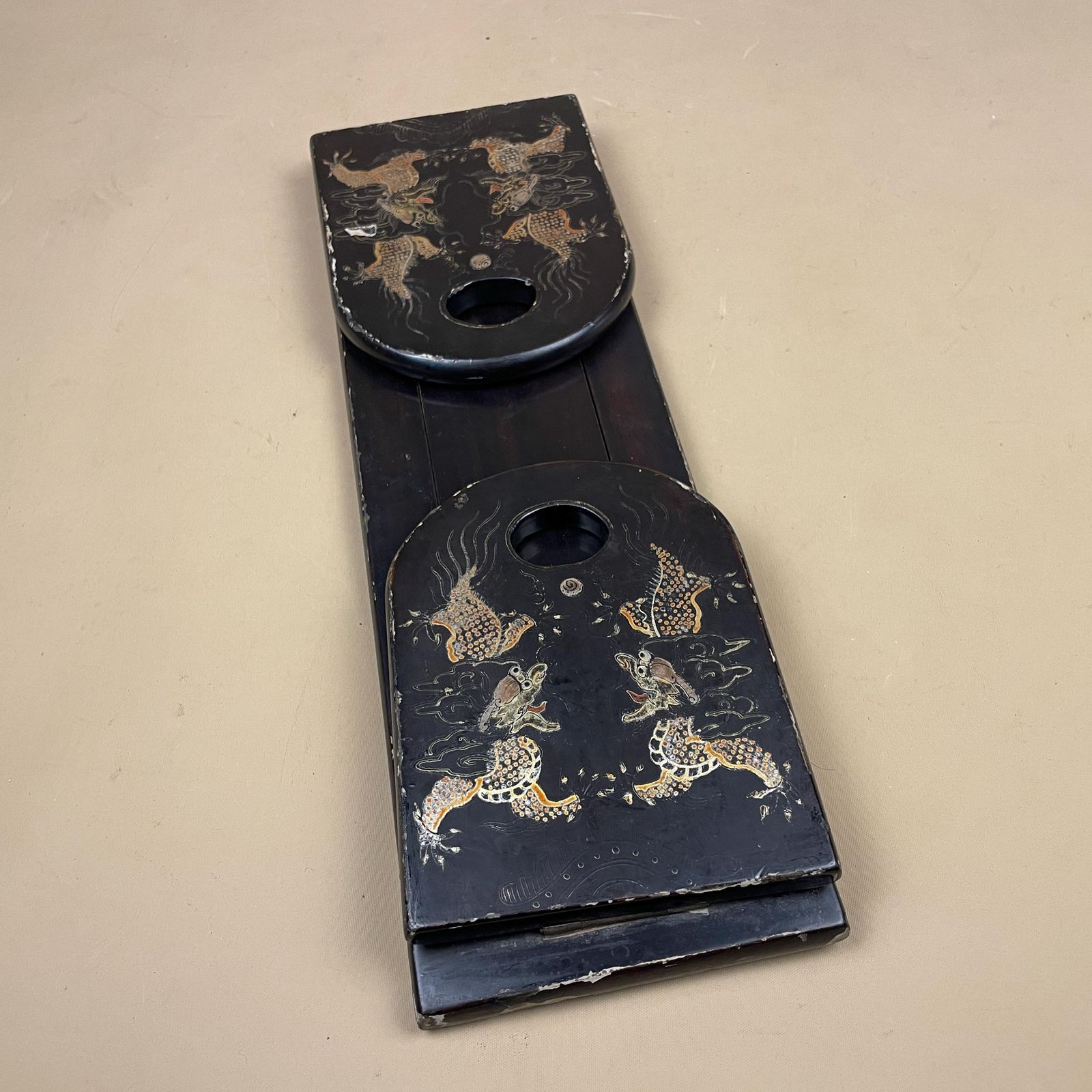 Antique Handmade Oriental Chinese Wooden Book Slide Ends Wood Carved Fold Away Vintage Bookends Adjustable Hand Painted Black Gold China photo vinterior