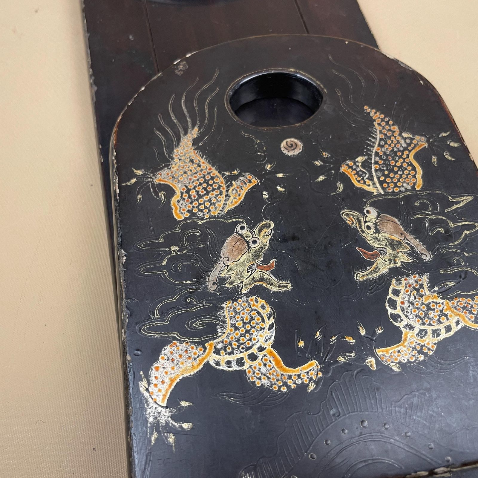Antique Handmade Oriental Chinese Wooden Book Slide Ends Wood Carved Fold Away Vintage Bookends Adjustable Hand Painted Black Gold China photo buy