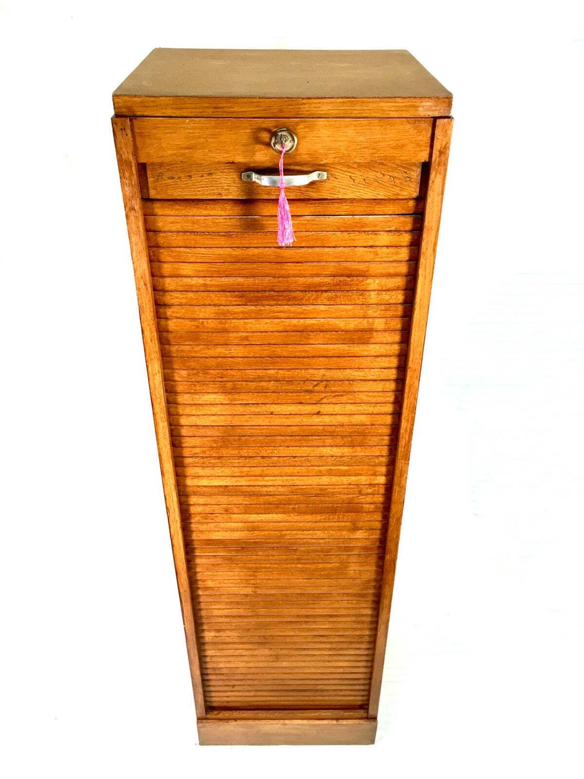 Antique 1950s Wooden Oak Tambour Fronted Office Paper Filing Cabinet With Key photo buy