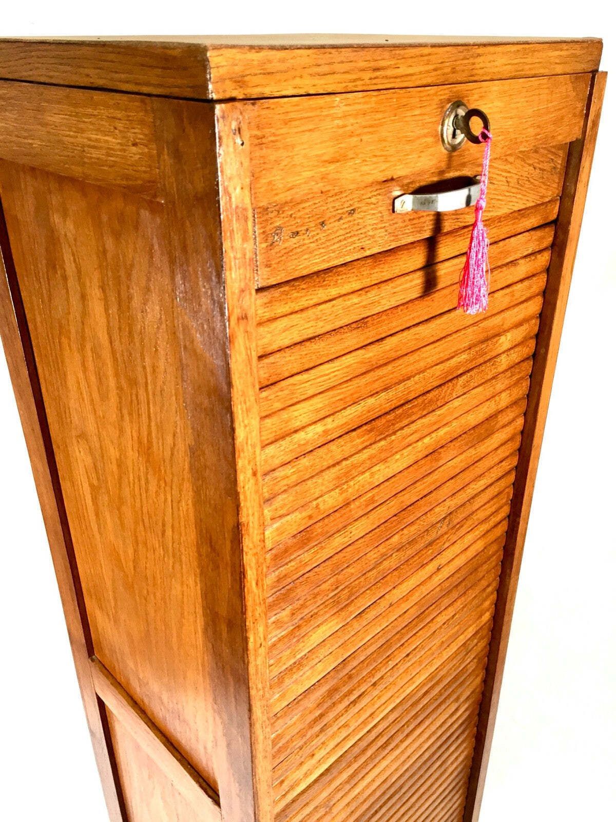 photo furniture Antique 1950s Wooden Oak Tambour Fronted Office Paper Filing Cabinet With Key