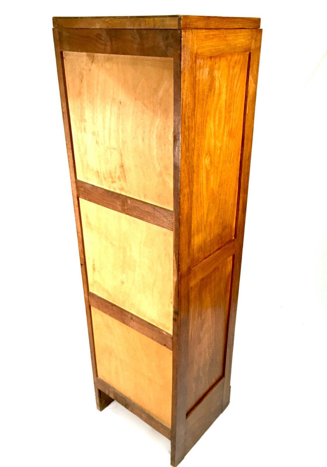 399.0 Antique 1950s Wooden Oak Tambour Fronted Office Paper Filing Cabinet With Key photo