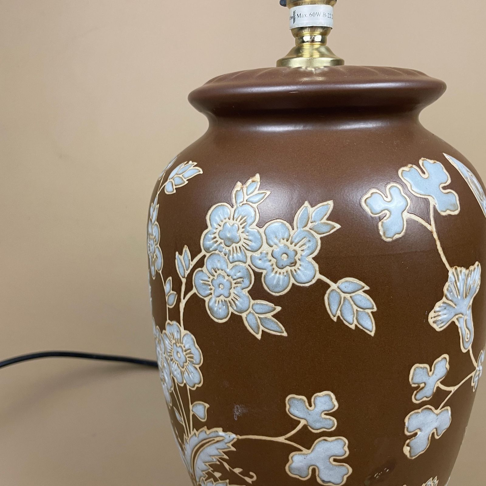 Vintage Ceramic Lamp Light Bedside Table Hand Painted Chinese Floral Design Pattern Wood Base Oriental Vase Brown Blue Ginger Jar photo buy