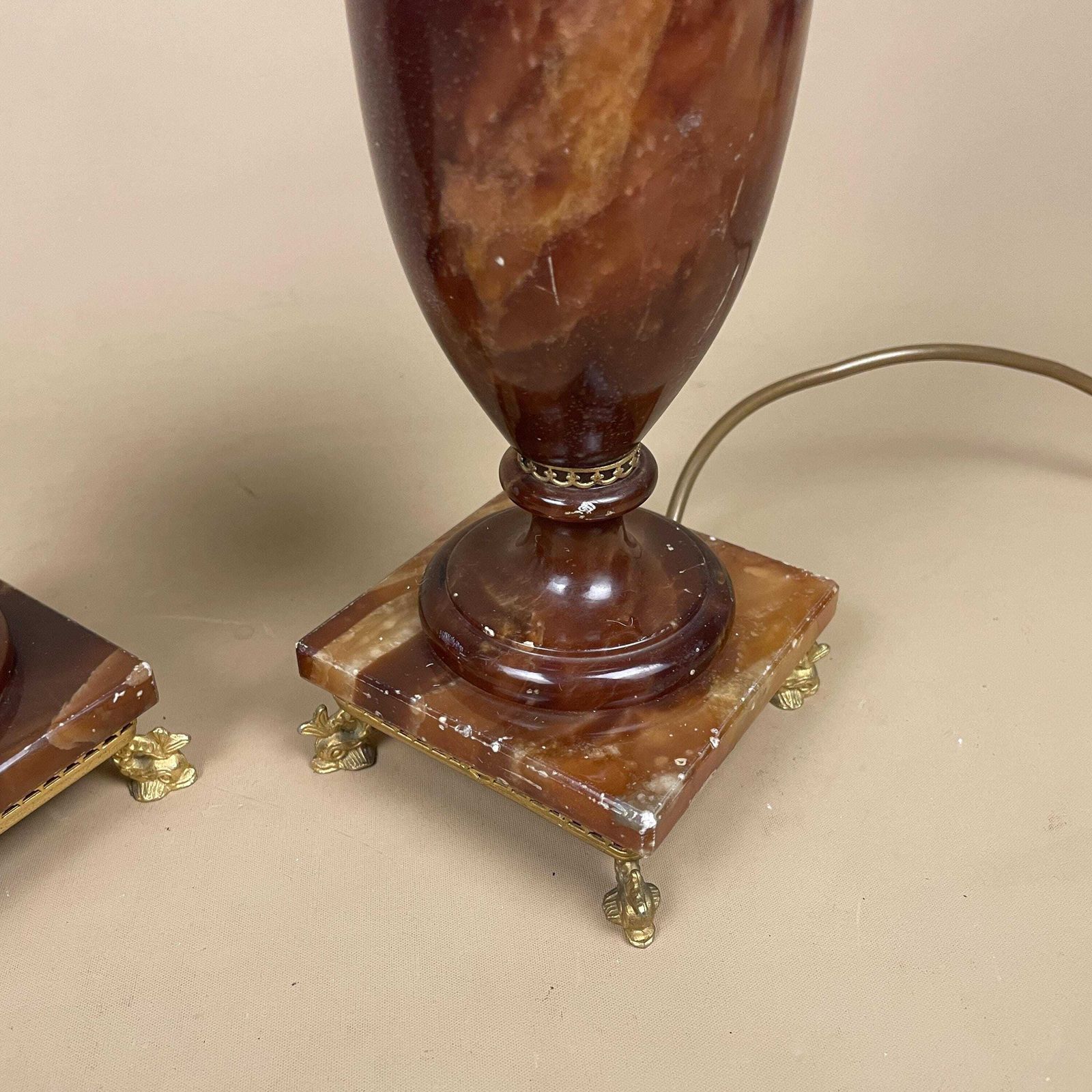 Pair Of 2 Antique Alabaster Marble Brass Metal Gold Lamp Light Bedside Side Table Marbled Patterned Vintage Stone Brown Bedside Fish Feet photo buy