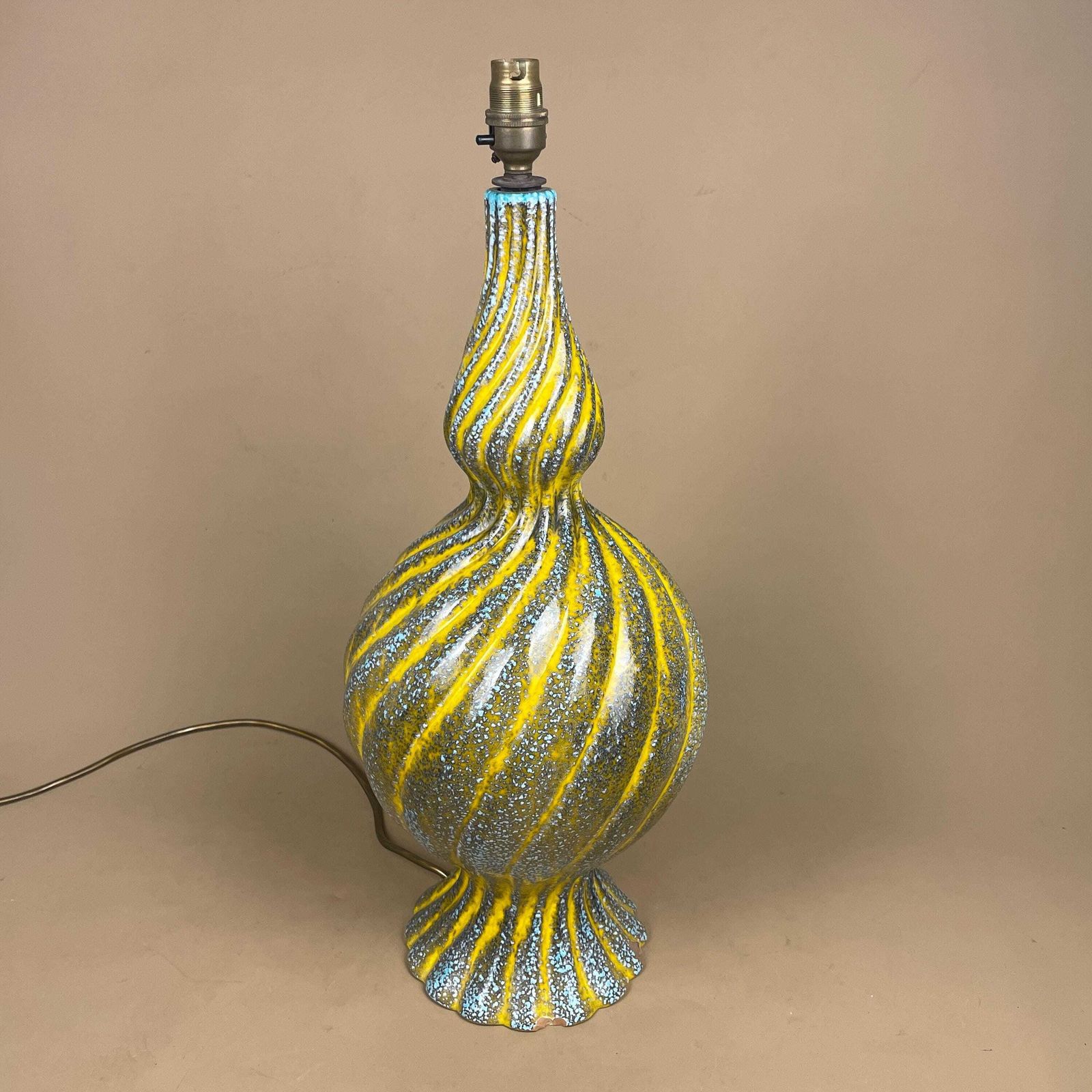 Large Vintage Ceramic Lamp Light Bedside Table Hand Painted Glaze Design Pattern Vase Yellow Blue Twisted Twist Pottery Handmade Studio Clay