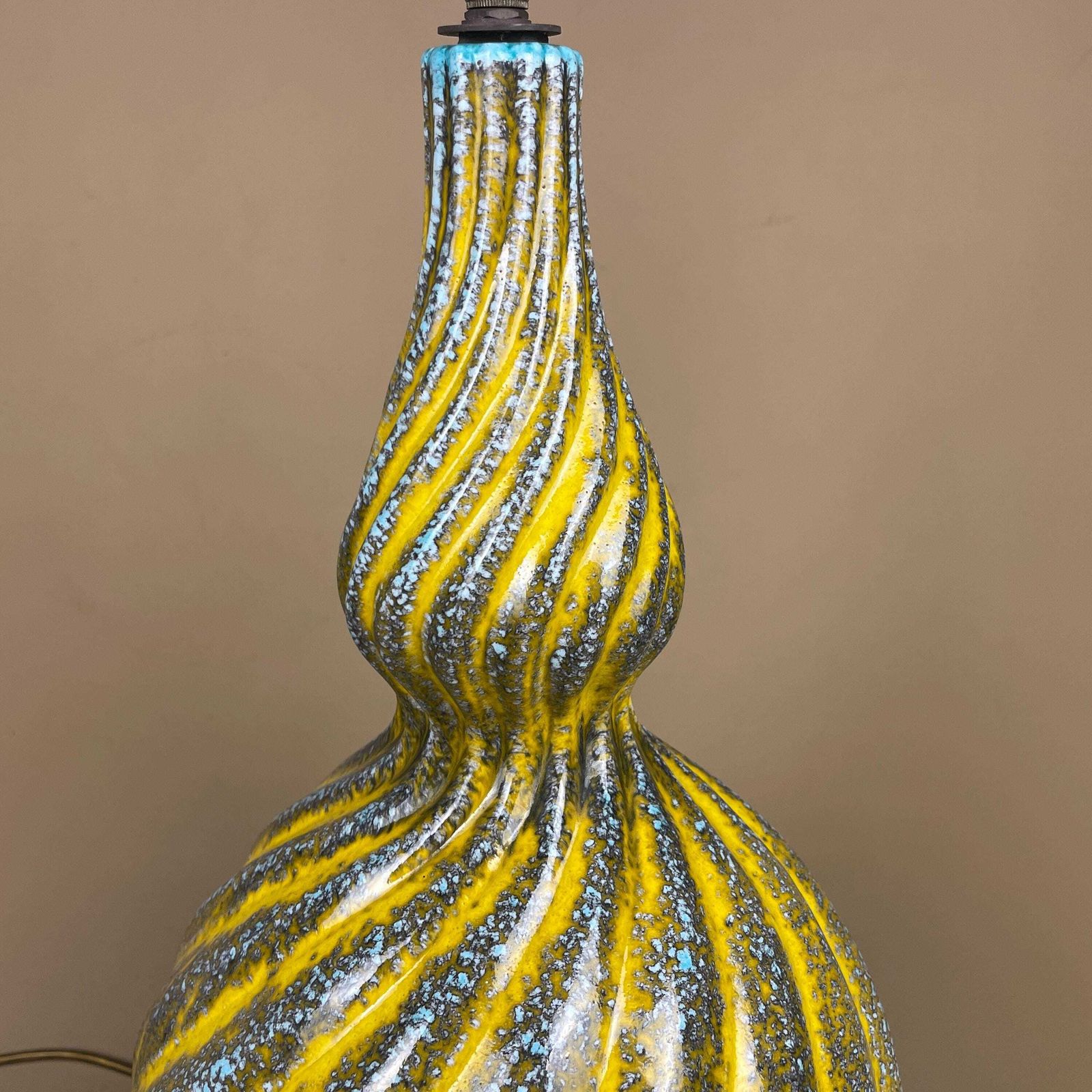 Large Vintage Ceramic Lamp Light Bedside Table Hand Painted Glaze Design Pattern Vase Yellow Blue Twisted Twist Pottery Handmade Studio Clay photo for sale