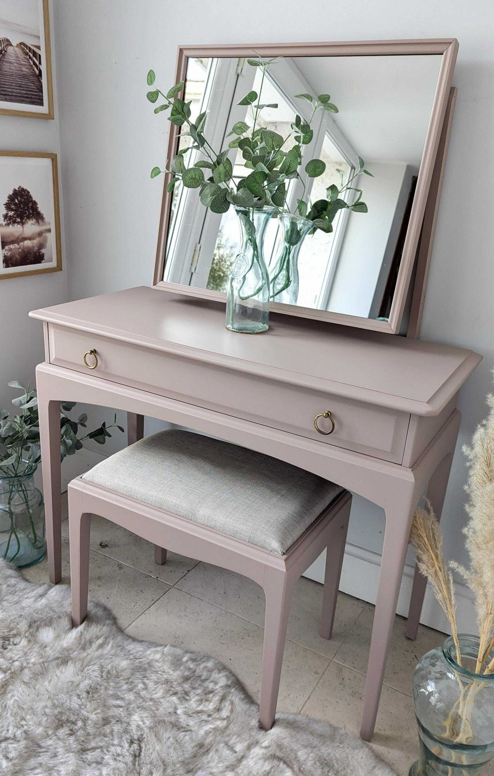 Spray Painted Pink Stag Small, Compact Dressing/Console Table With Mirror And Stool photo for sale