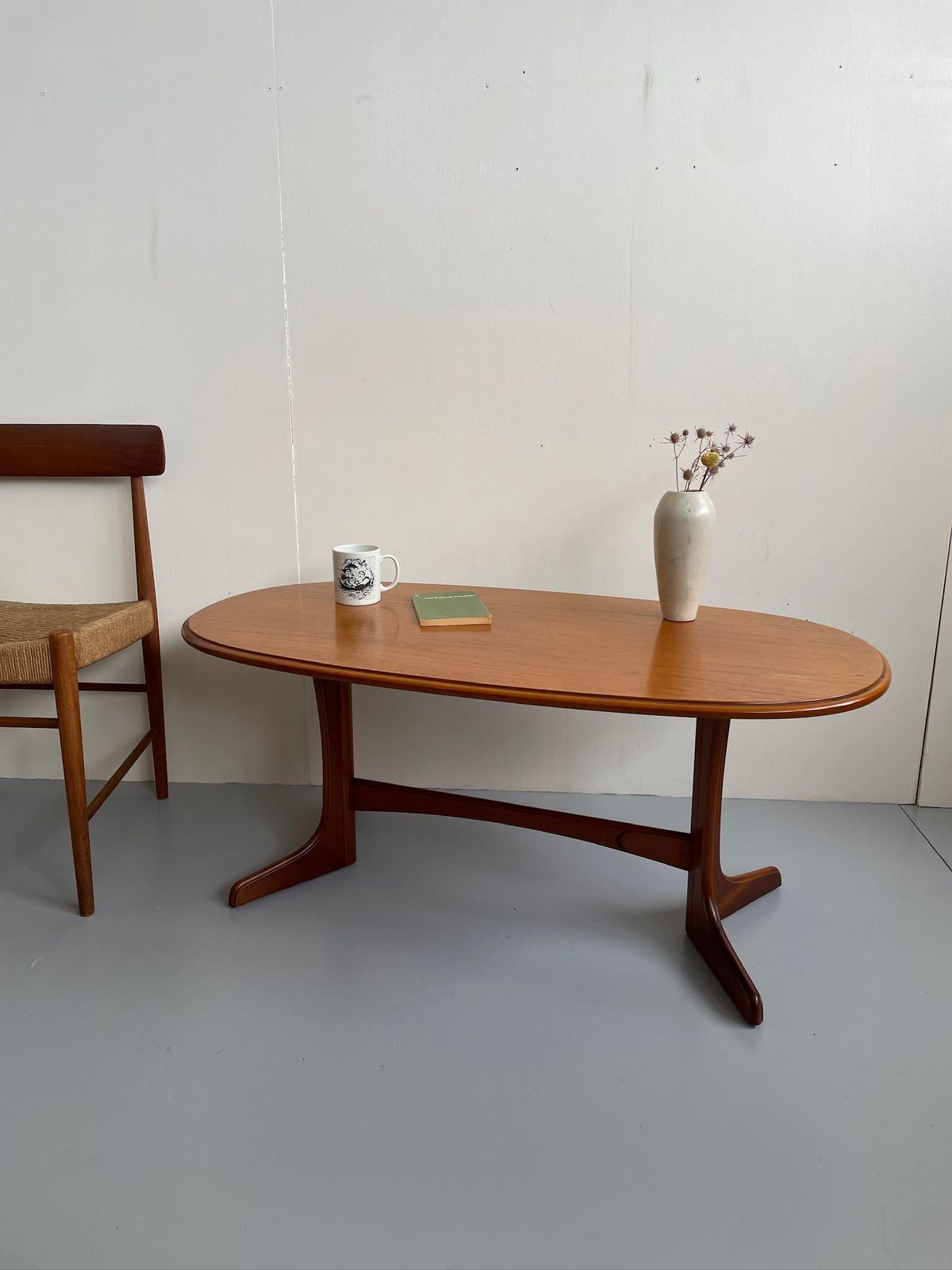 Vintage Oval Wooden Coffee Table With Curved Legs Mid Century Scandi Style photo furniture