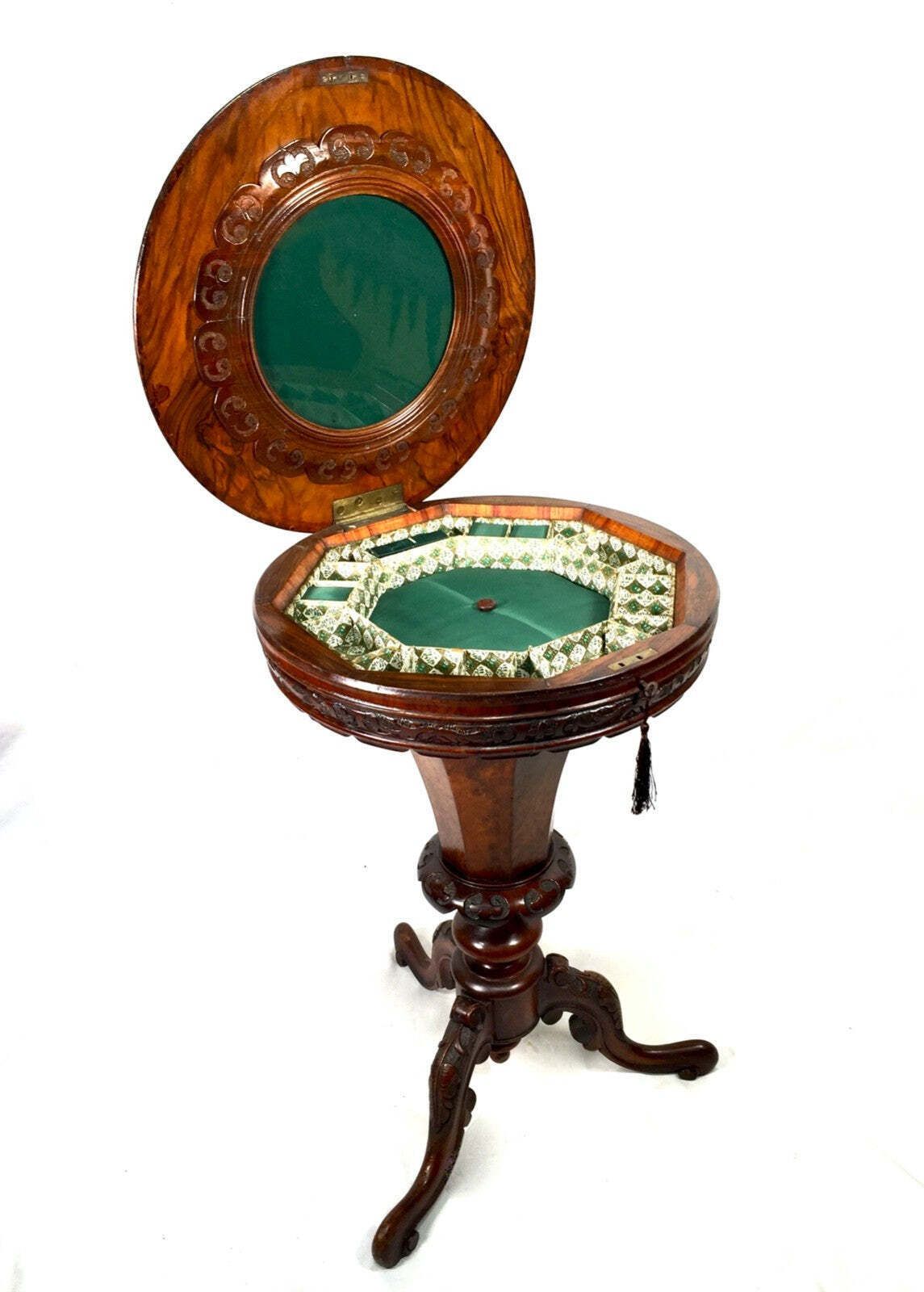 Antique Wooden Victorian Ladies Sewing Table / Work Storage Box With Key C.1880
