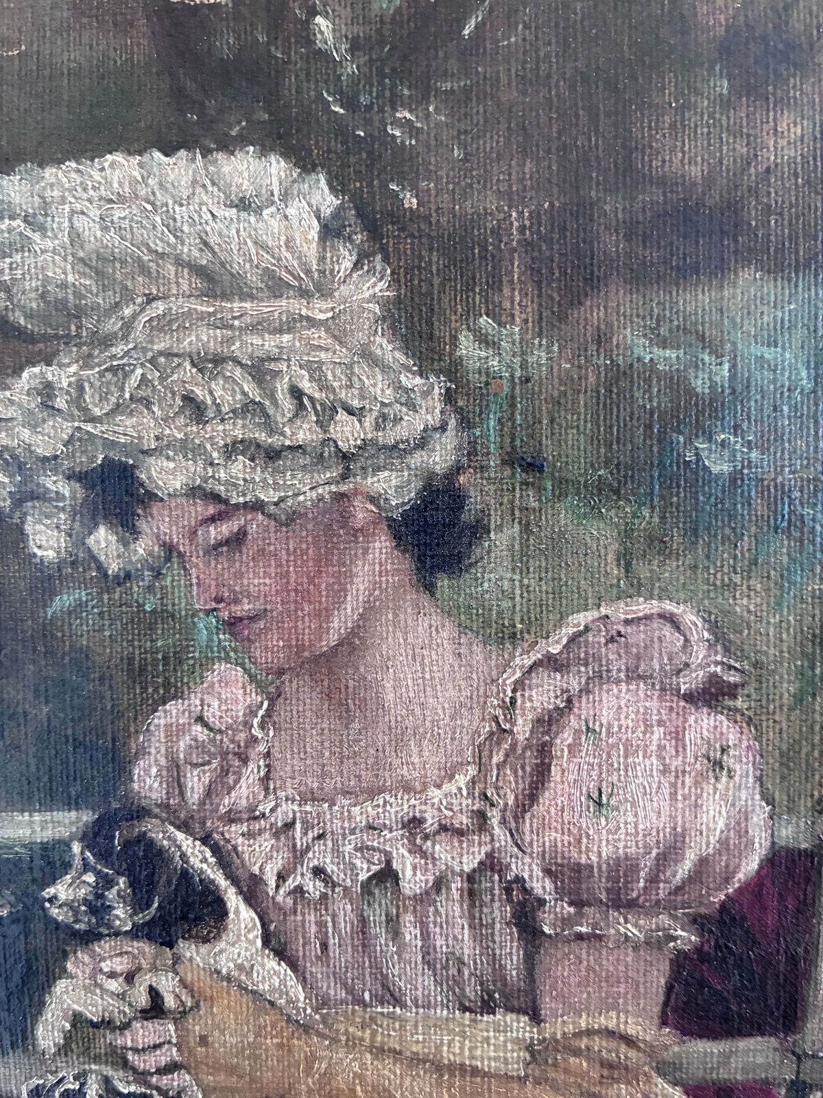 Antiek Olieverfschilderij Van Een Vrouw Met Honden In Het Park, Ca. 1880 photo for sale