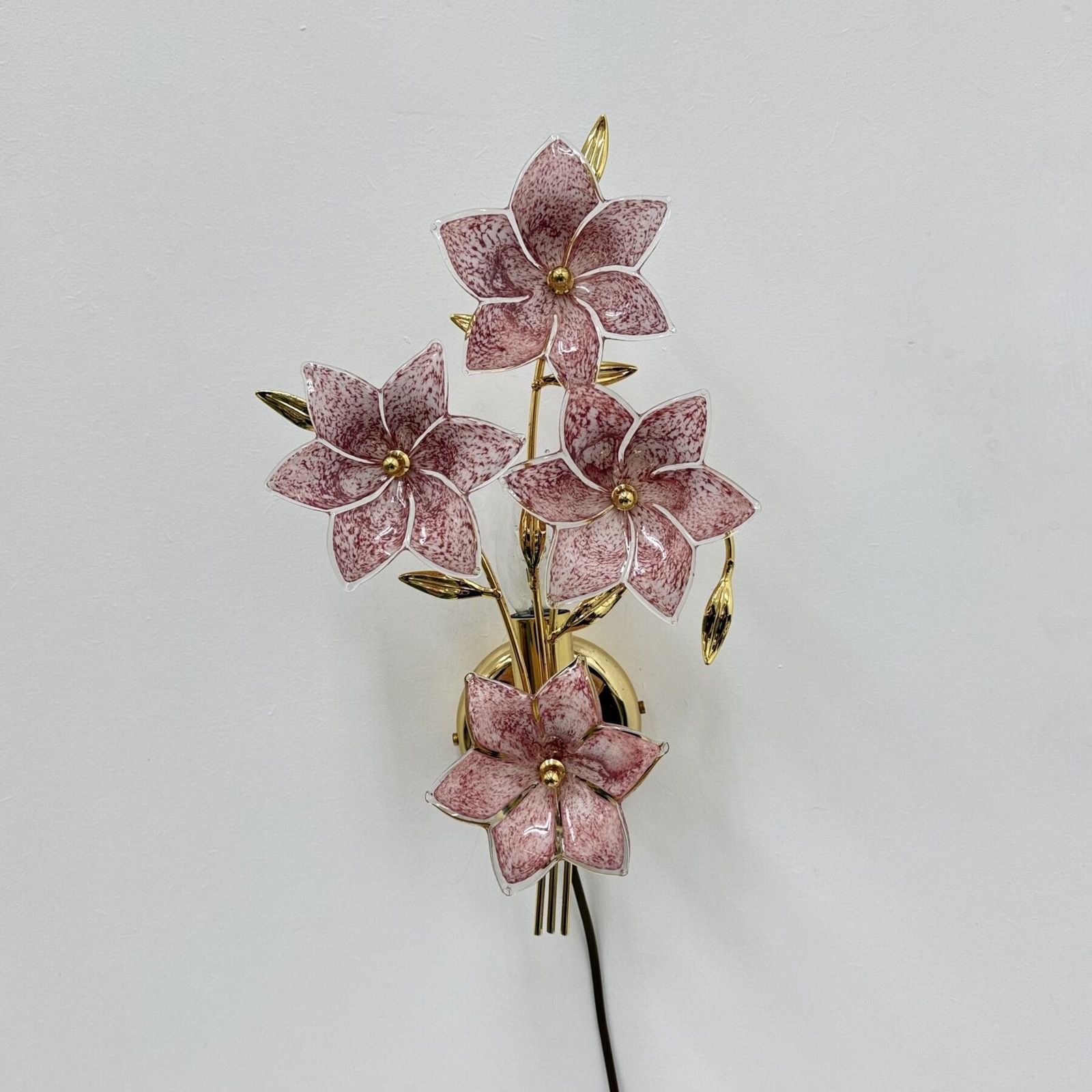 Mid Century Design Murano Roze Glazen Bloem Wandlamp, Jaren 1970