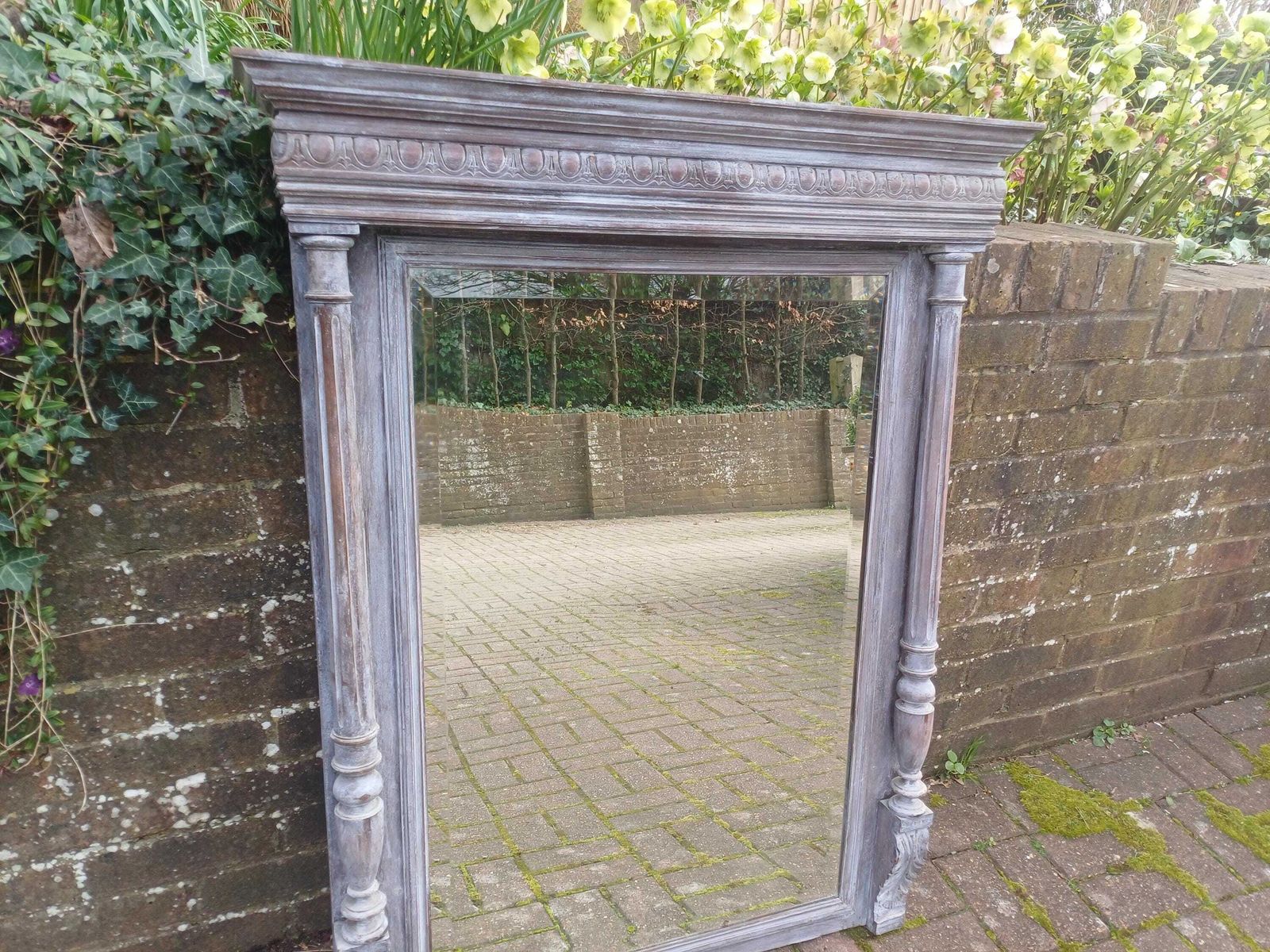 photo vintage Antique French Fruitwood Mirror C1910 Ornate Carved Frame Bevelled Glass Rustic Wash Mantel Decorative Statement Piece