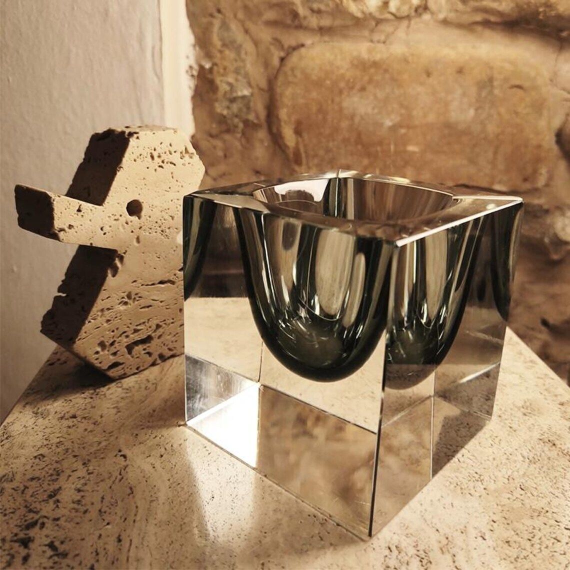 1960s Rare Big Cube Ashtray Or Catch All In Murano Glass By Flavio Poli For Seguso.
