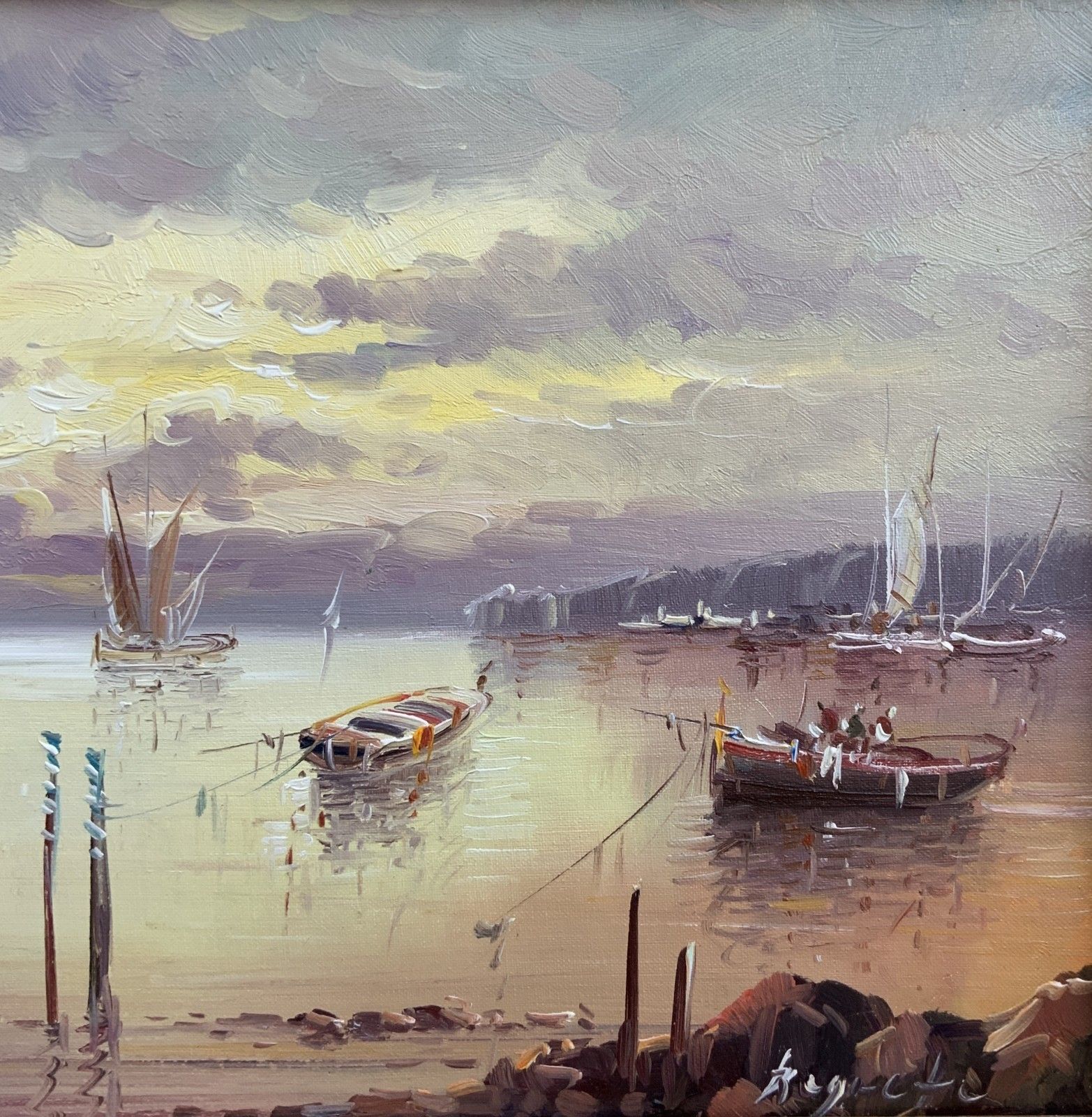 Stunning Moonlit Harbour Seascape Oil Painting Contemporary Post Impressionist photo vinterior