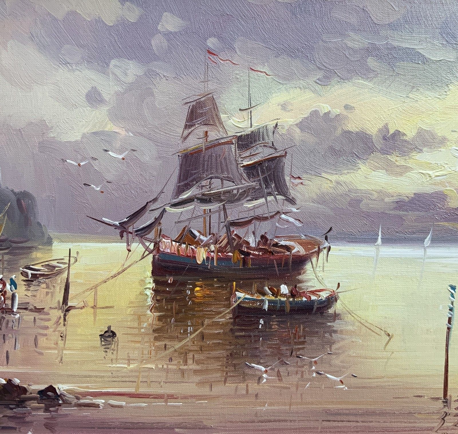 Stunning Moonlit Harbour Seascape Oil Painting Contemporary Post Impressionist photo vintage