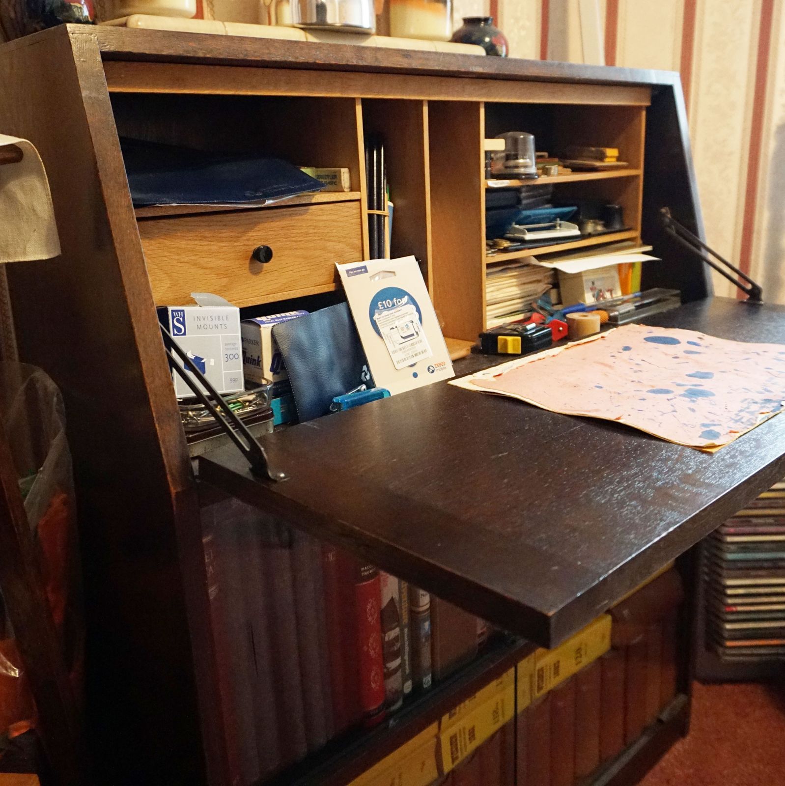 Mid Century Oak Bureau With Glass Fronted Bookcase Lockable Desk Vintage photo 100.0