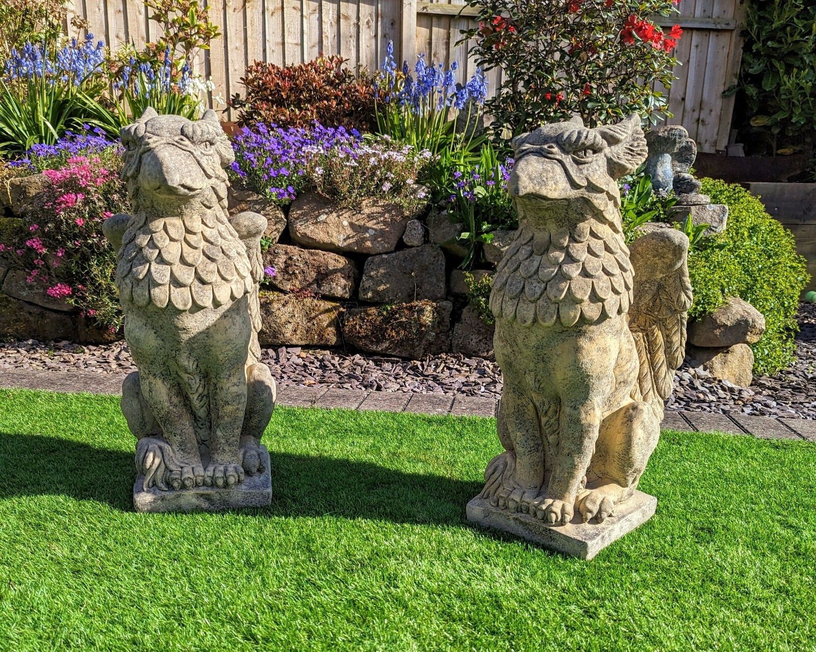 Pair Of Winged Griffins Garden Ornament English Stone Delivery Available 0204. photo Garden Decor