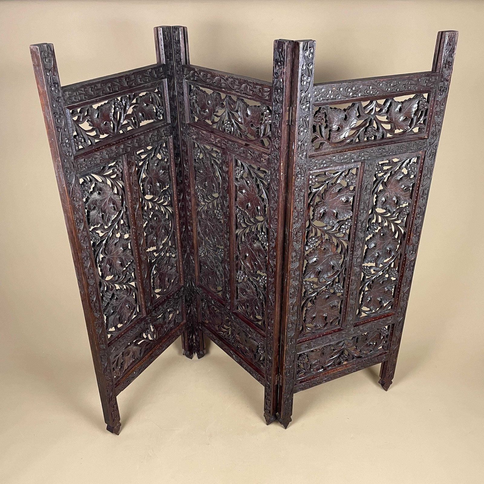 Indian Hand Carved Wood Folding Screen Floral Panels Small Area Divider Antique Wooden Intricate