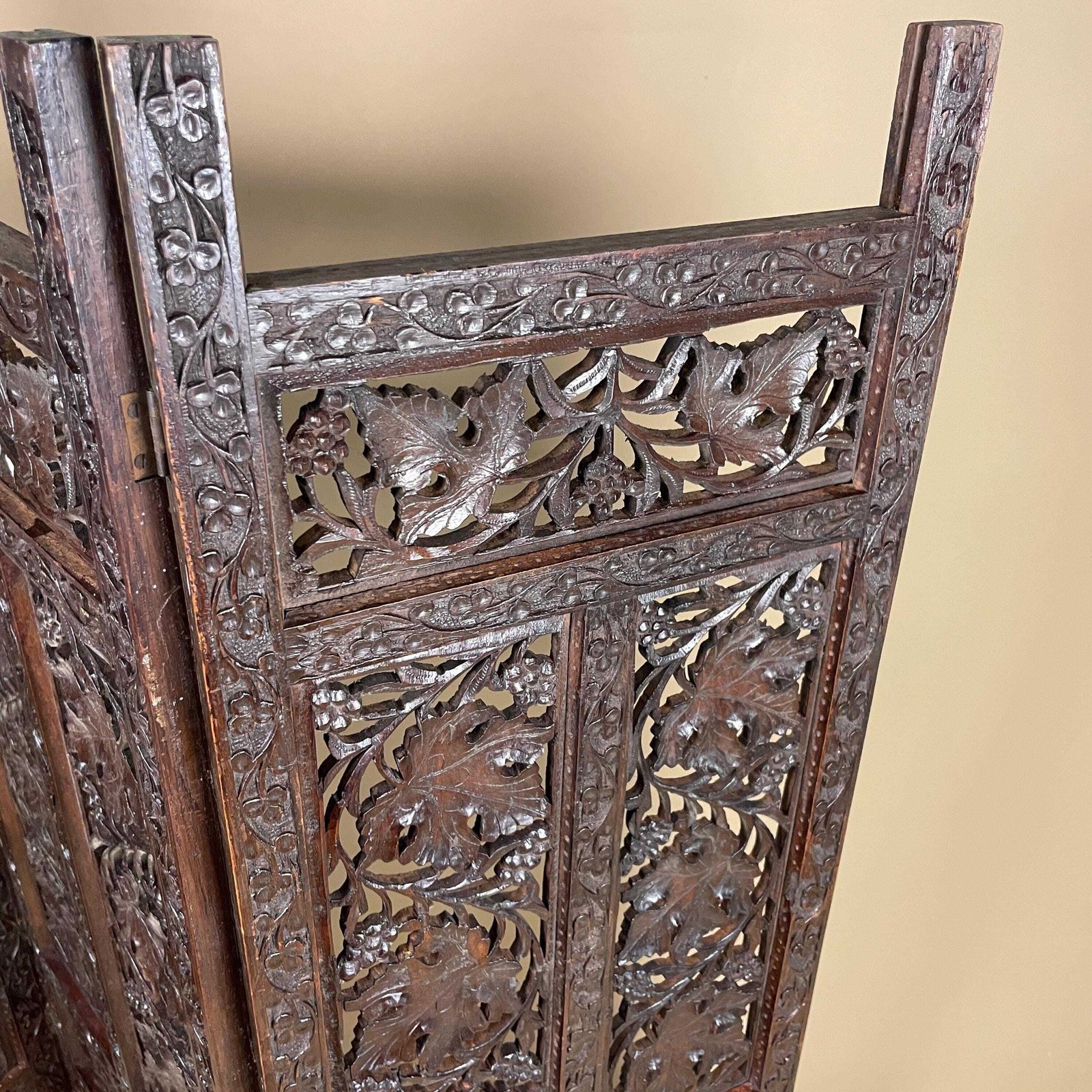 Indian Hand Carved Wood Folding Screen Floral Panels Small Area Divider Antique Wooden Intricate photo for sale