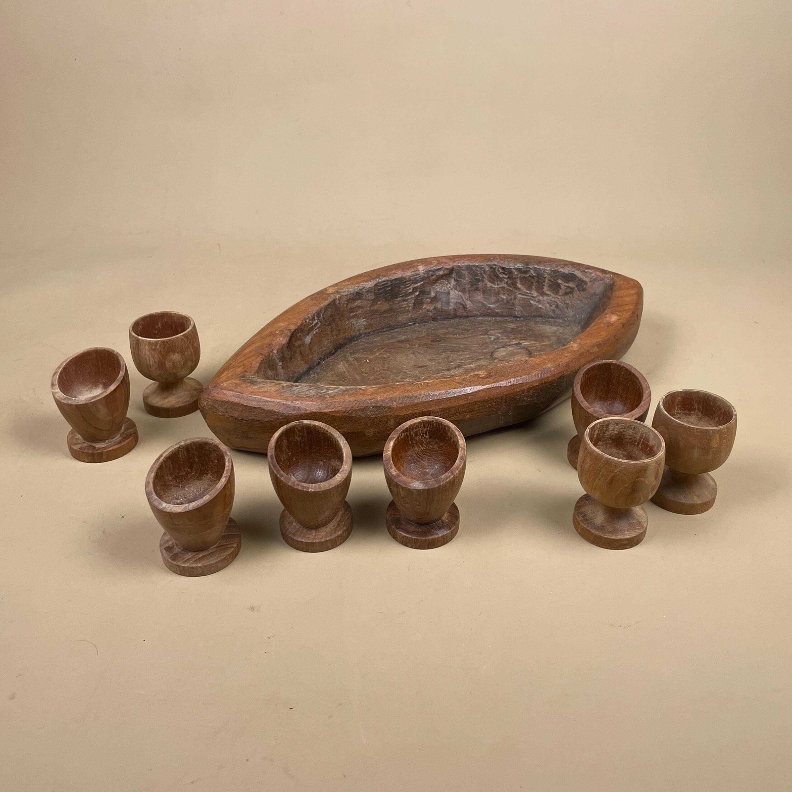 Wooden Egg Cup Tray Set Vintage Hand Carved Hardwood Serving Bowl Oval Handmade Table Display Ornament Vintage Rustic photo for sale