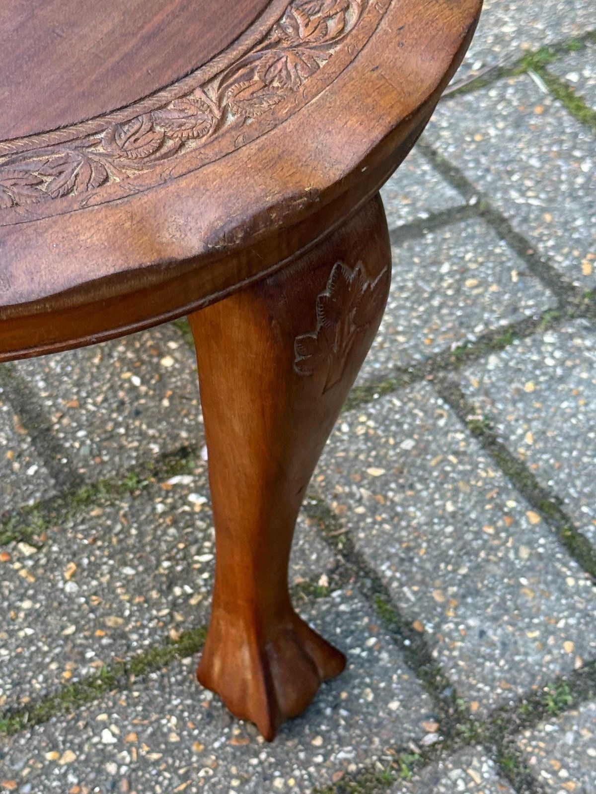 Vintage Low Round Wooden Stool Carved Foliate Design Rustic Side Table Decor photo vintage