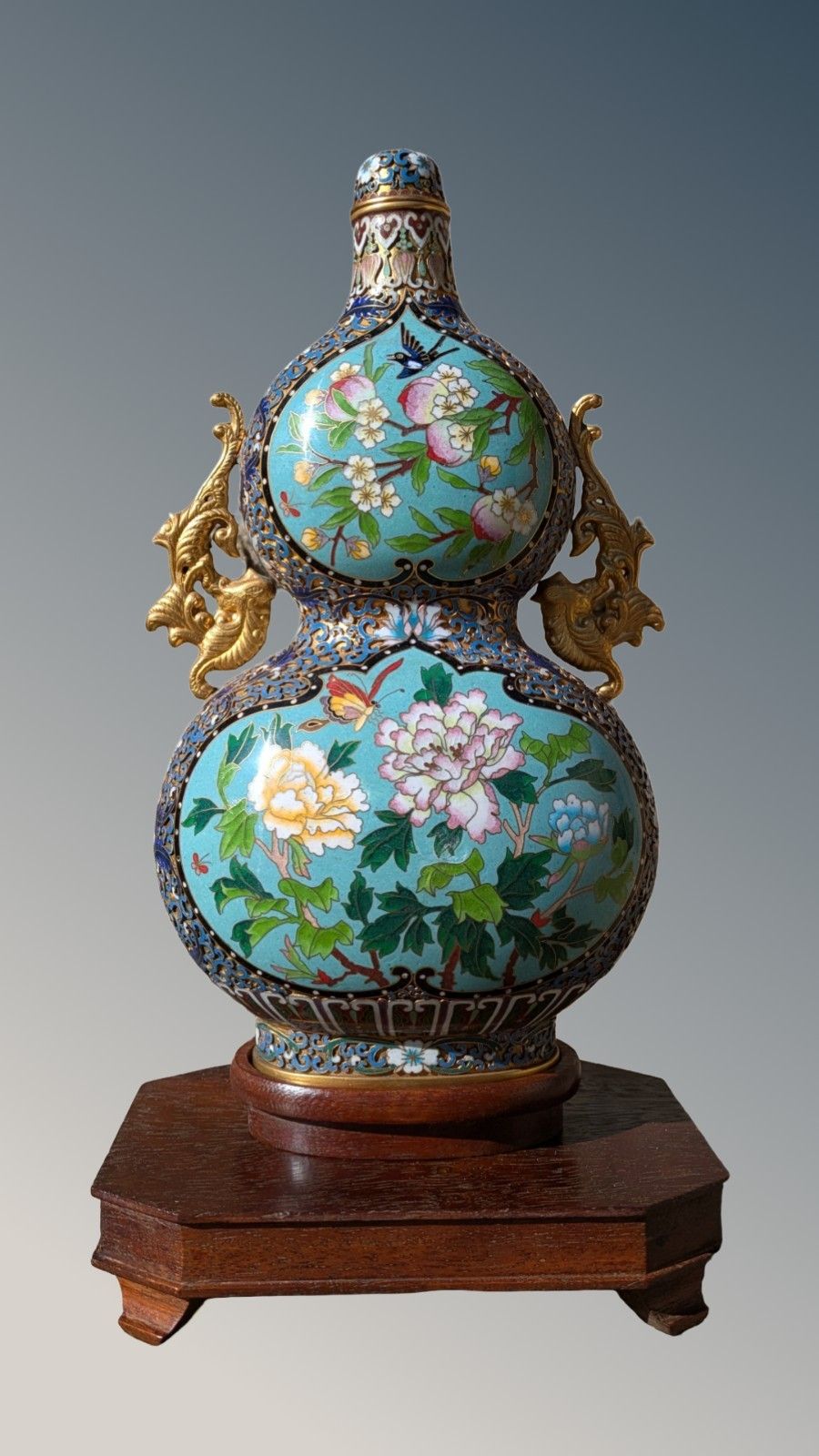 Chinese Cloisonne & Champleve Double Gourd Vase On Stand   Qing Period