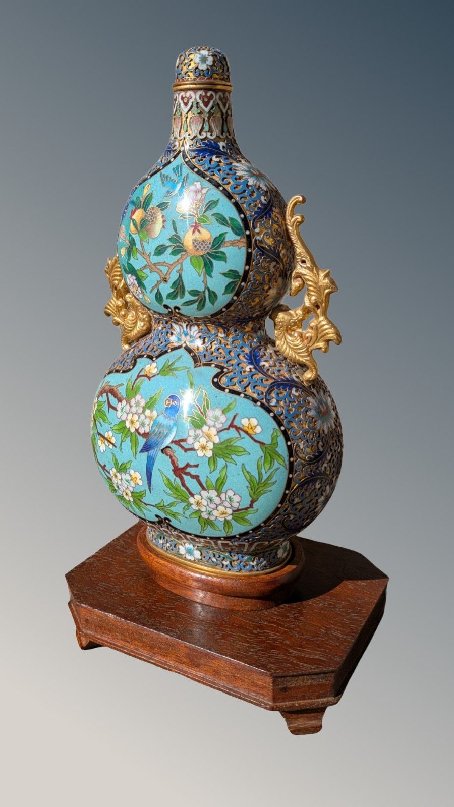 Chinese Cloisonne & Champleve Double Gourd Vase On Stand   Qing Period photo furniture