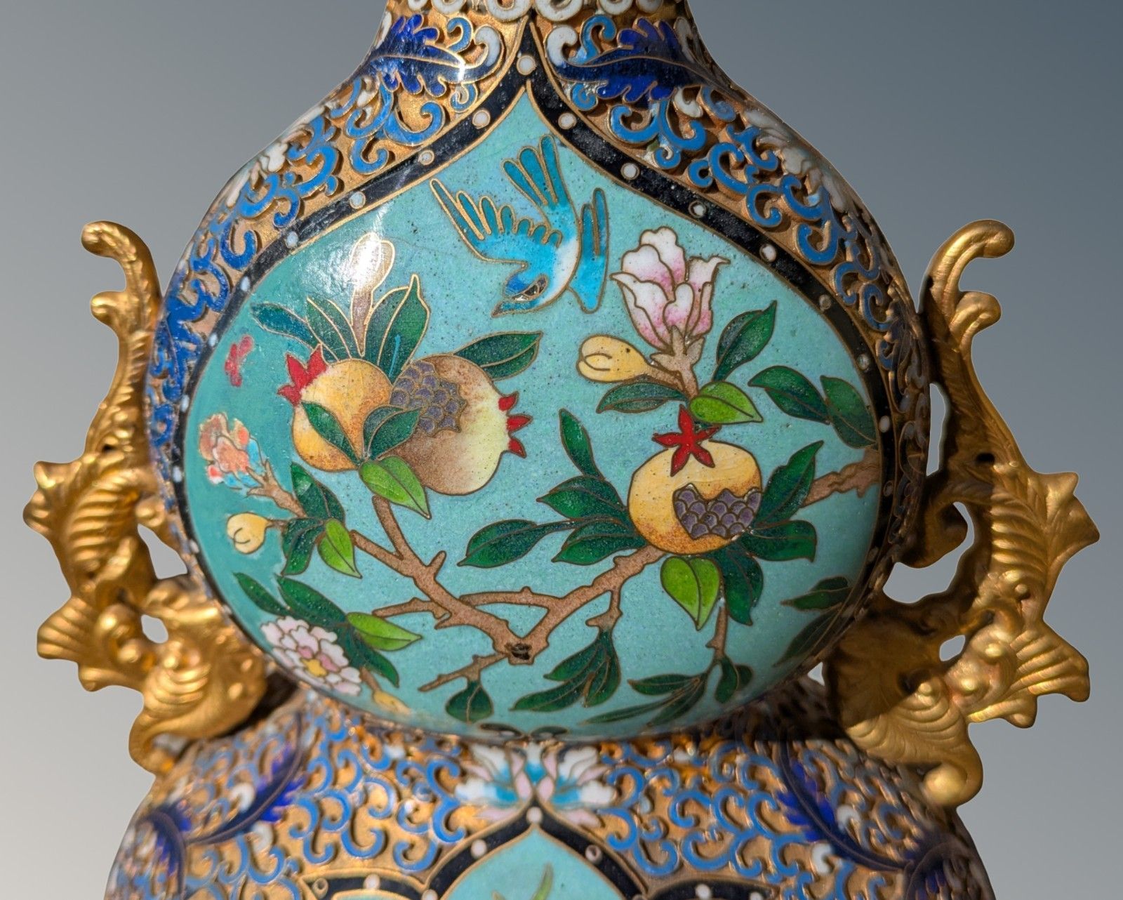 Chinese Cloisonne & Champleve Double Gourd Vase On Stand   Qing Period photo 595.0