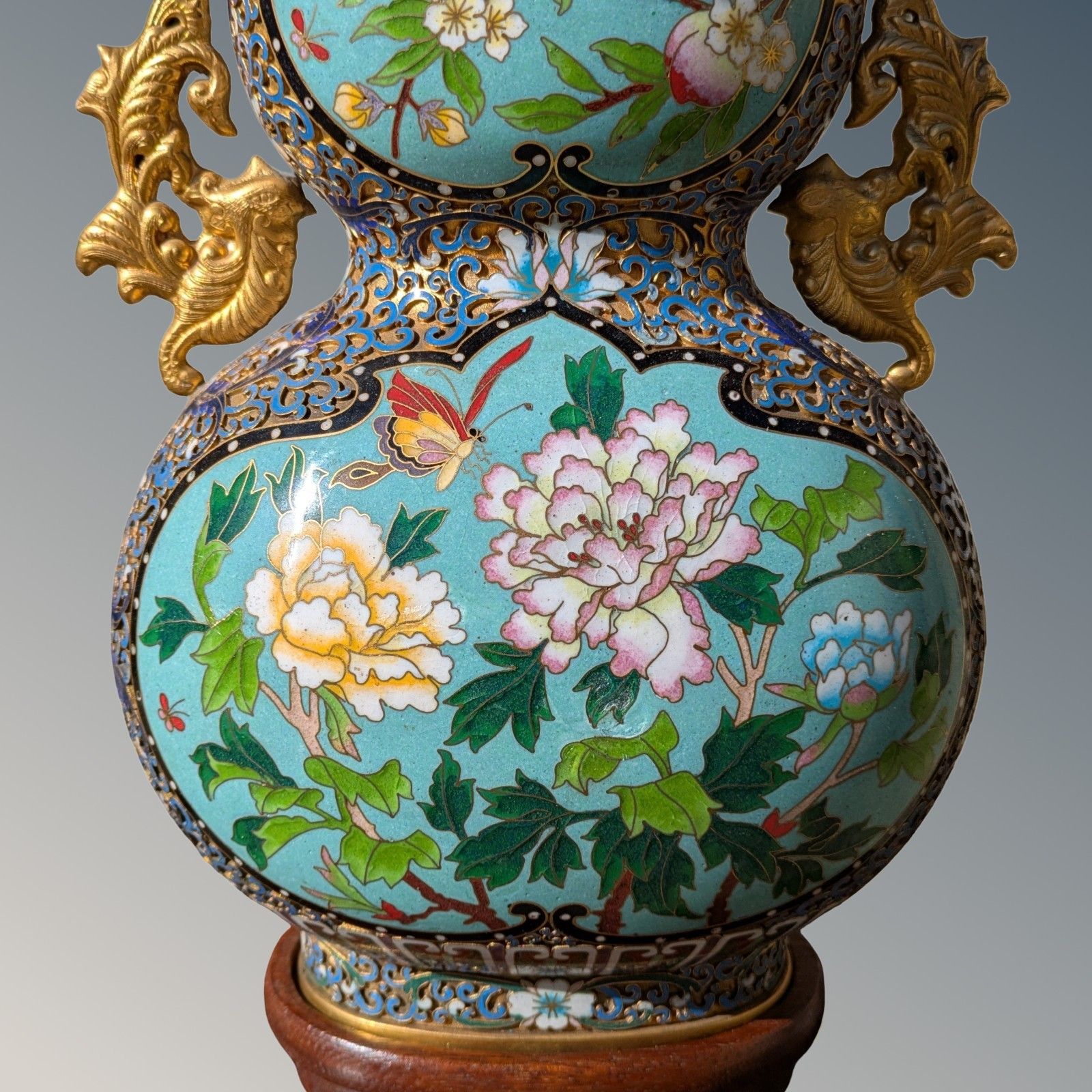 Chinese Cloisonne & Champleve Double Gourd Vase On Stand   Qing Period photo buy