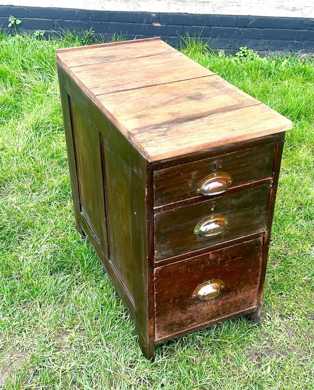 1940s Three Drawer Oak Filing Cabinet Bedside Wooden Desk Industrial Antique Vintage Haberdashery Library Office photo furniture