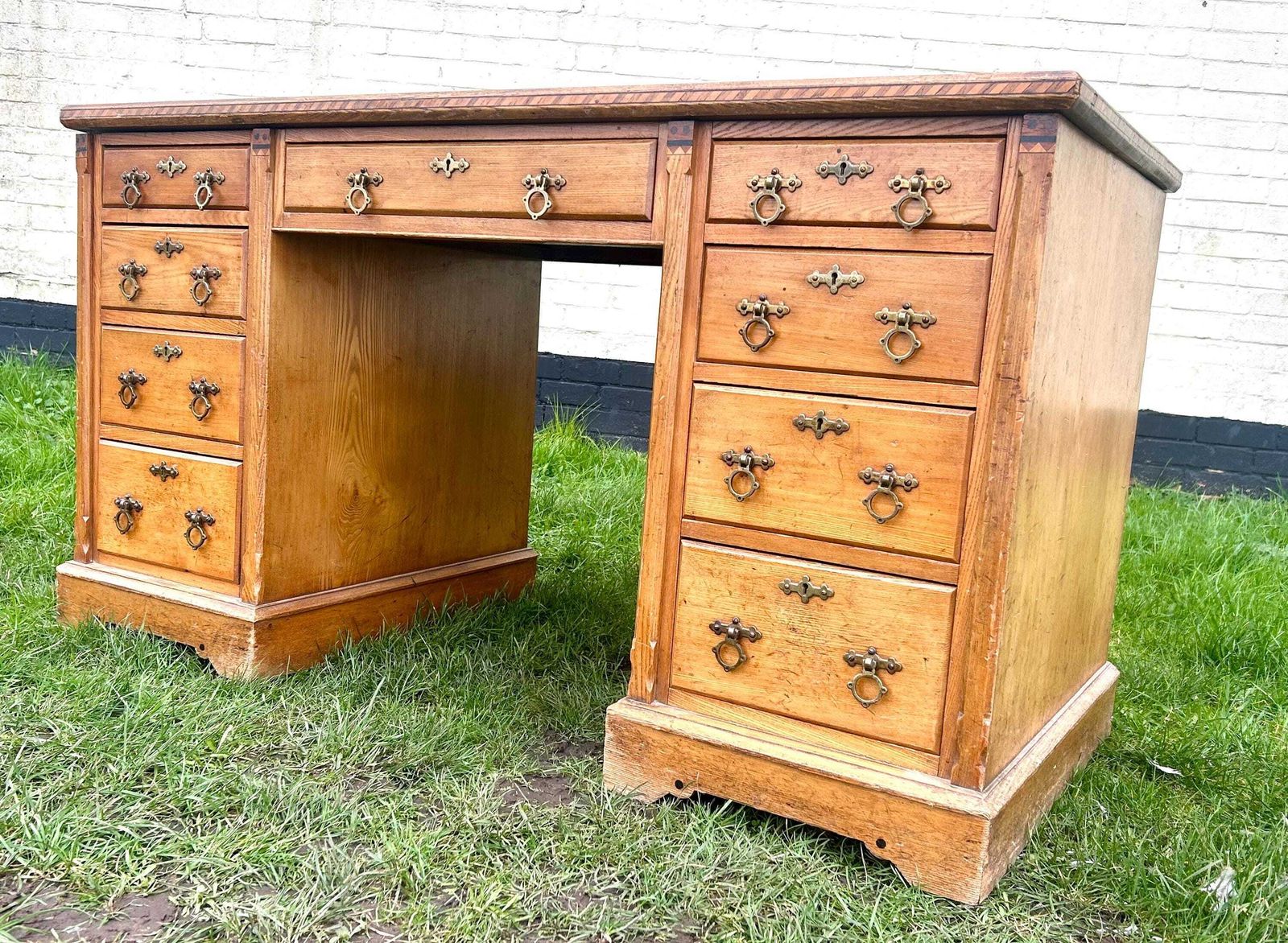 Charles Bevan Style Victorian Gothic Revival Antique Ash Desk Cabinet Vintage Storage Arts And Crafts Office Leather Wooden Table